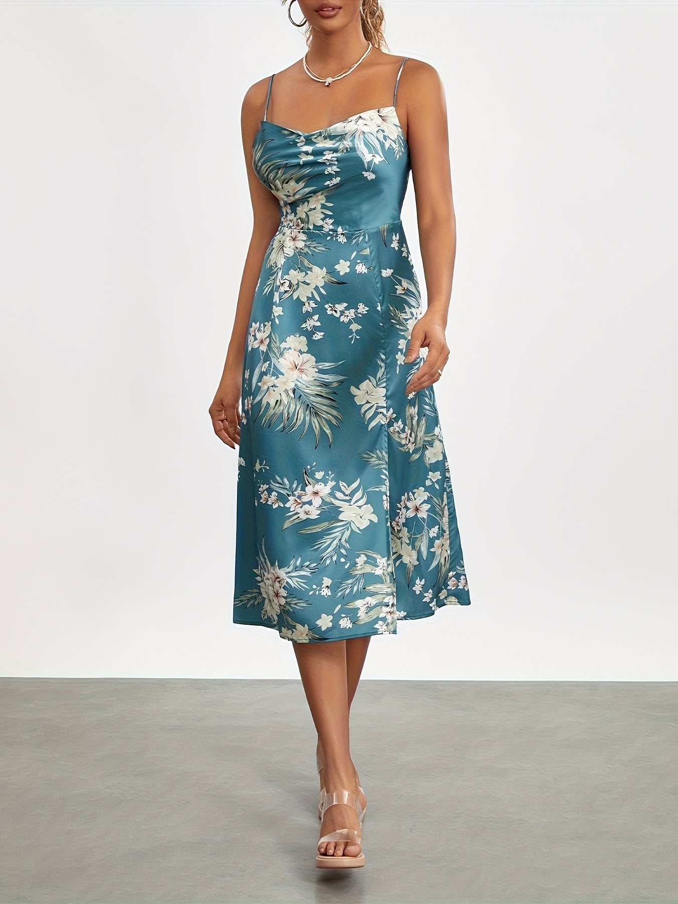 Sixsr Floral Print Cowl Neck Cami Dress, Elegant Sleeveless Ruffle Hem Dress For Summer, Women's Clothing