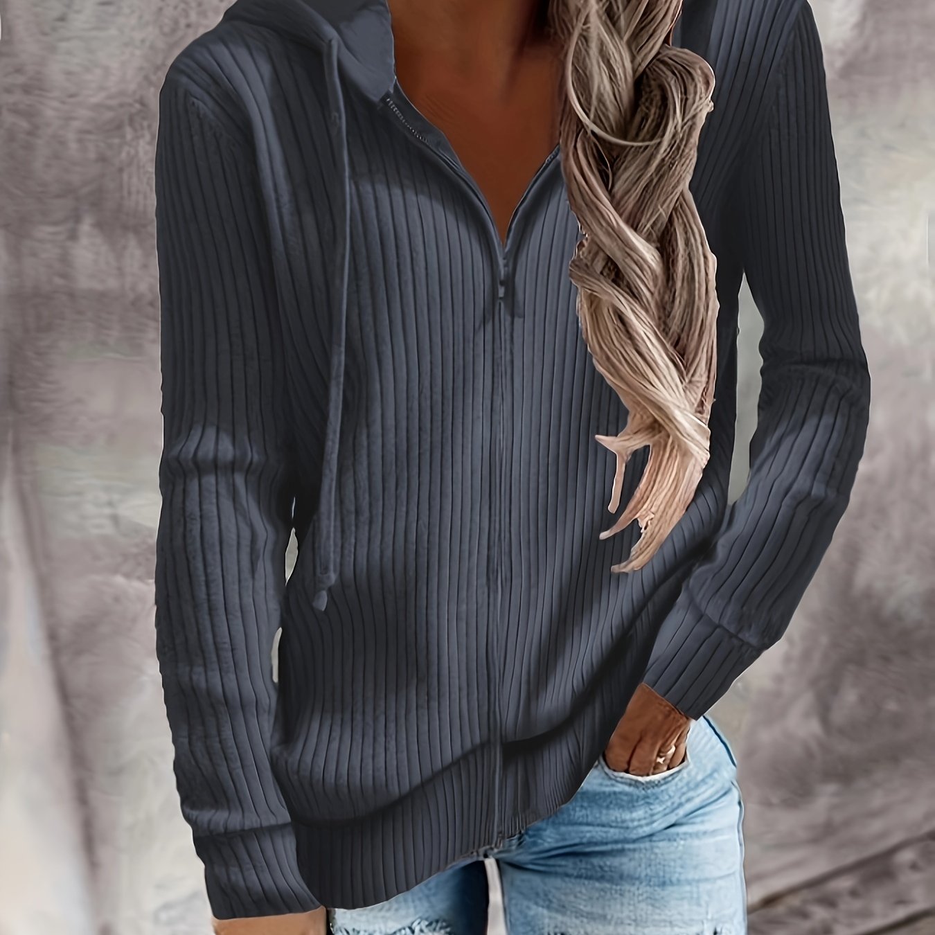 Sixsr Plus Size Casual Coat, Women's Plus Solid Ribbed Zip Up Long Sleeve Drawstring Hoodie Sweater