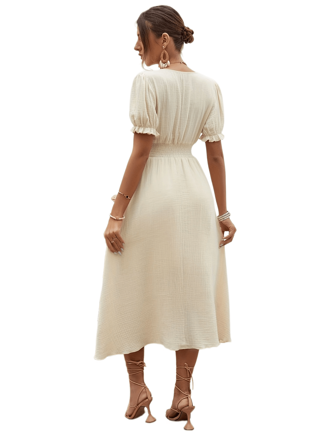 Sixsr Shirred Waist Surplice Neck Dress, Elegant Solid Puff Sleeve Dress, Women's Clothing