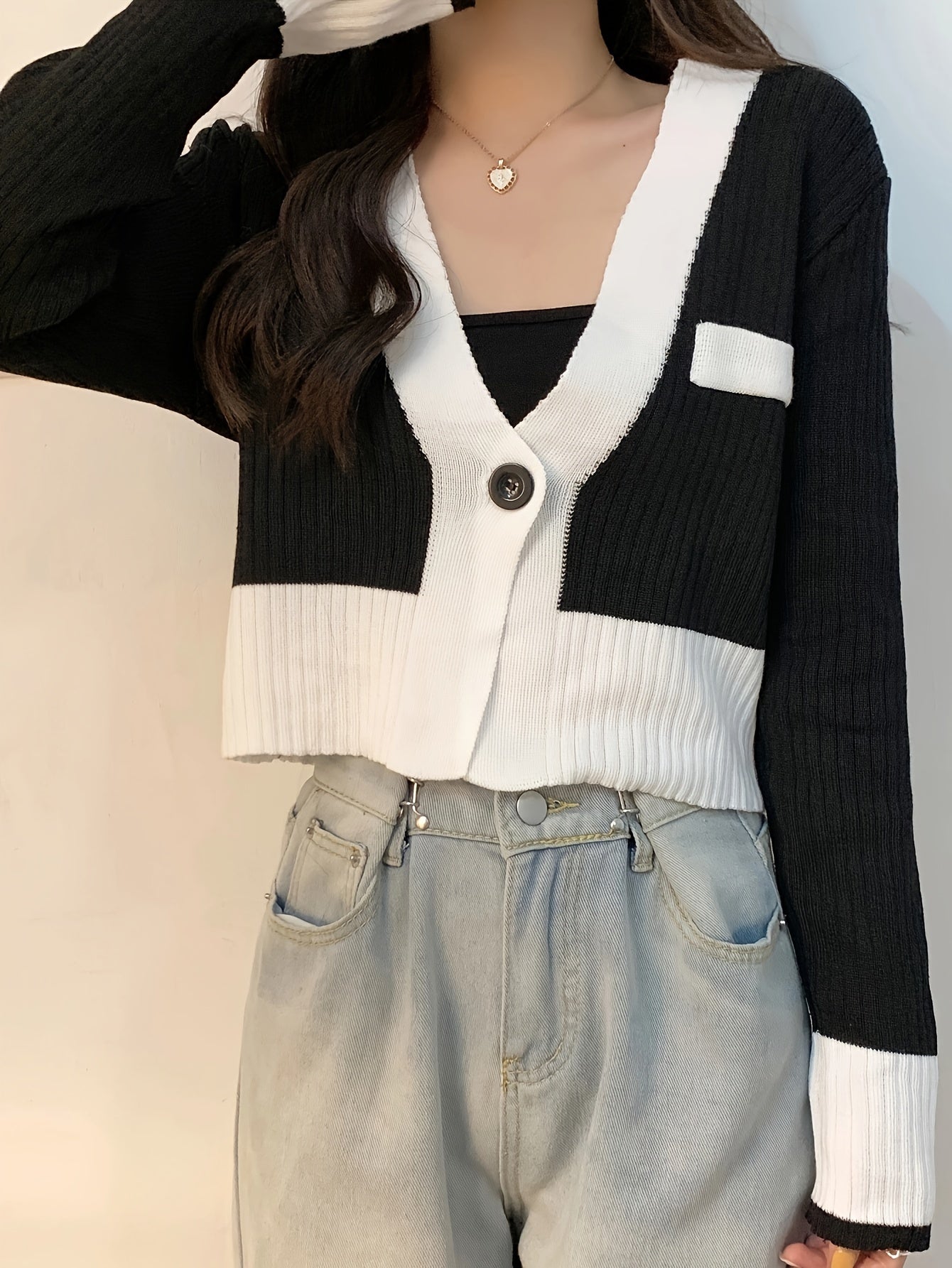 Sixsr Color Block Single Button Knit Cardigan, Casual V Neck Long Sleeve Crop Sweater, Women's Clothing
