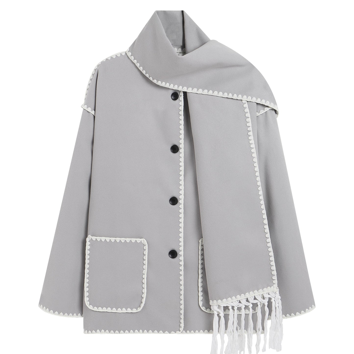 Sixsr Contrast Trim Patched Pockets Overcoat, Elegant Long Sleeve Fringe Scarf Outwear For Fall & Winter, Women's Clothing