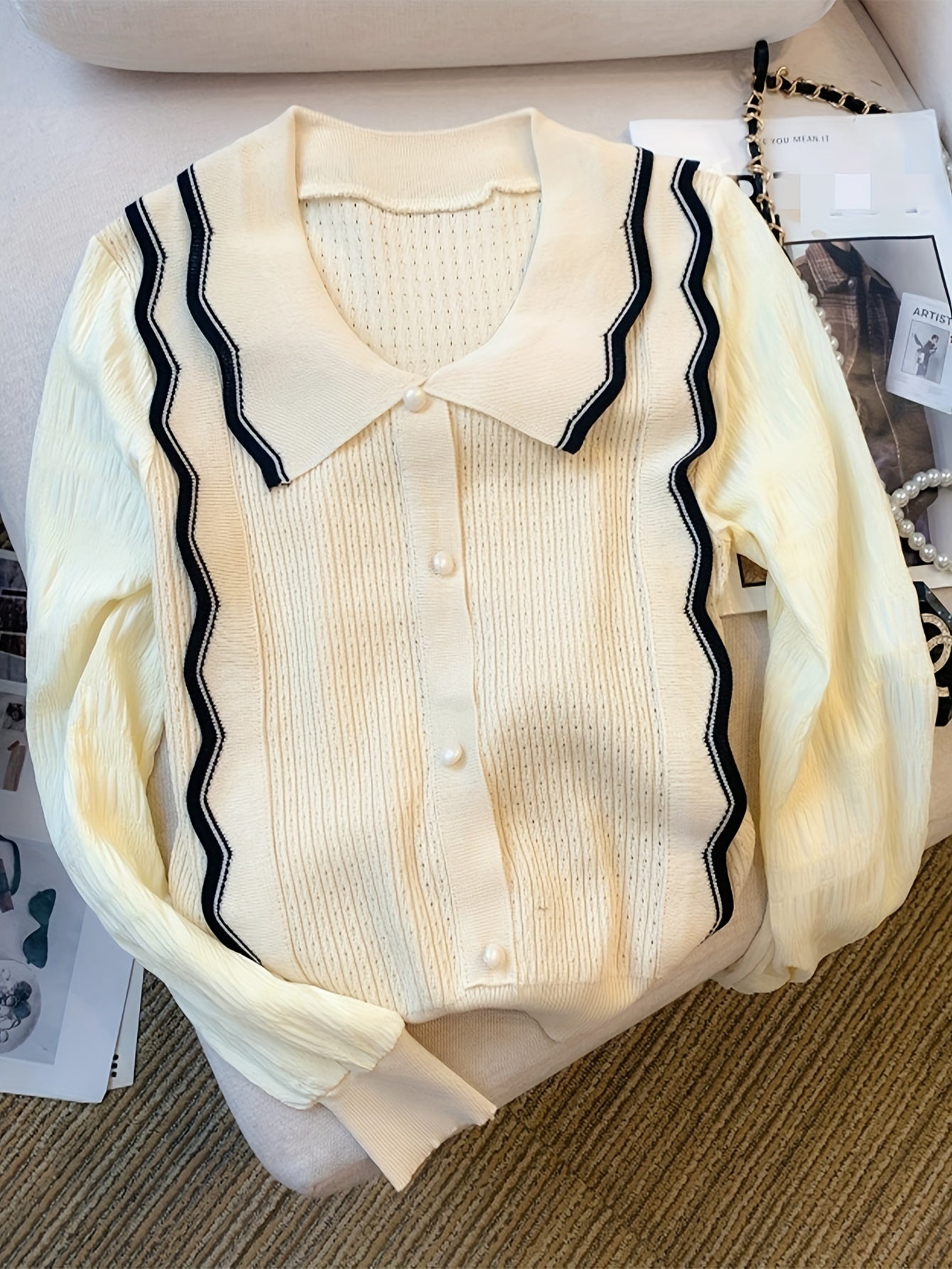 Sixsr Contrast Trim Lapel Sweater, Elegant Fake Button Scallop Trim Long Sleeve Sweater For Fall & Winter, Women's Clothing