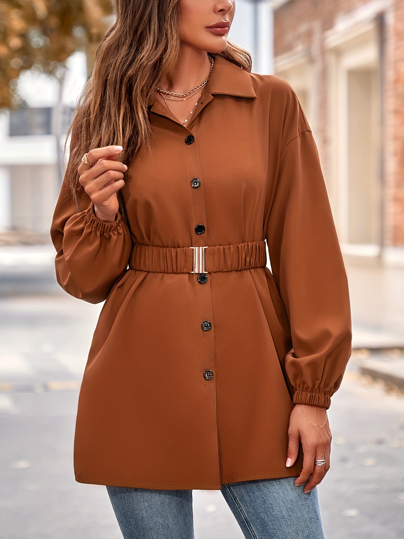 Sixsr Button Front Belt Blouse, Elegant Lantern Sleeve Lapel Blouse For Spring & Fall, Women's Clothing