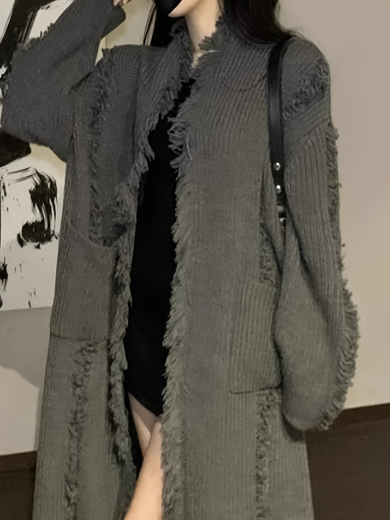 Sixsr Solid Color Open Front Loose Cardigans , Elegant Side Pockets Tassel Long Sleeve Top For Every Day, Women's Clothing