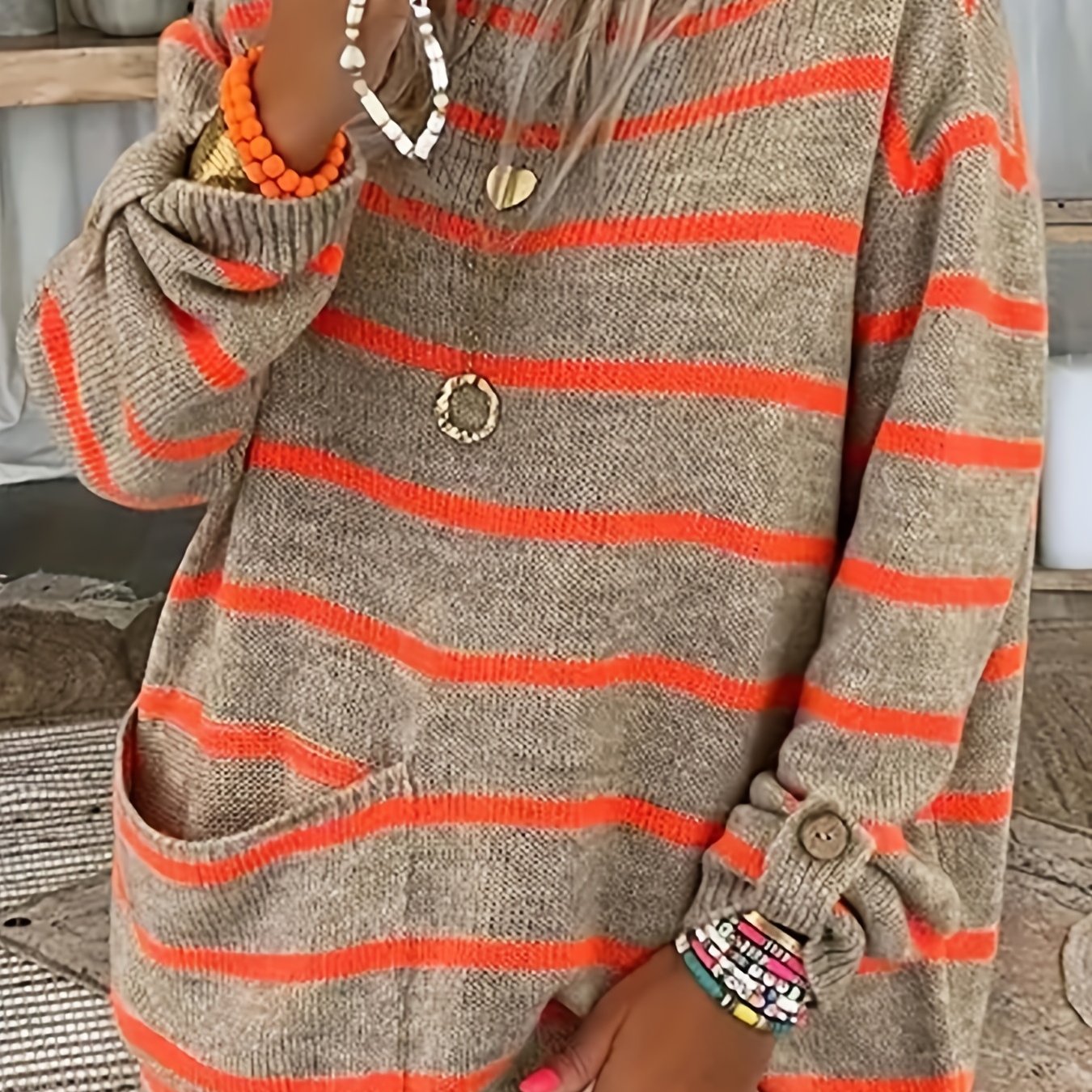 Sixsr Stripe Pattern Pocket Knitted Sweater, Casual Long Sleeve Sweater For Fall & Winter, Women's Clothing