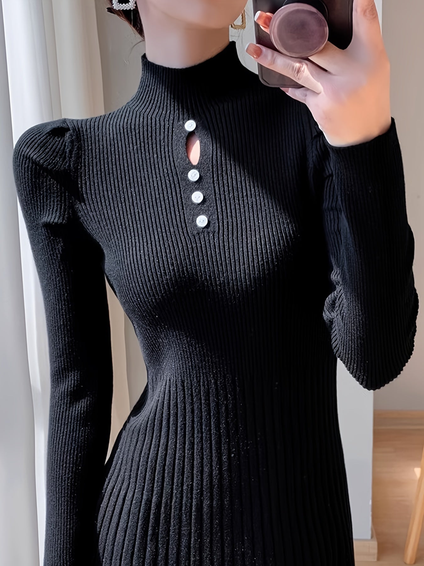 Sixsr Button Decor Keyhole Ribbed Dress, Elegant Long Sleeve Mock Neck A-line Knit Dress, Women's Clothing