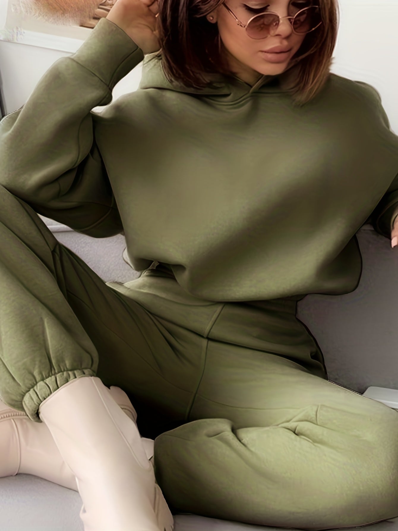Sixsr Casual Two-piece Set, Solid Hoodie & Elastic Waist Jogger Pants Outfits, Women's Clothing