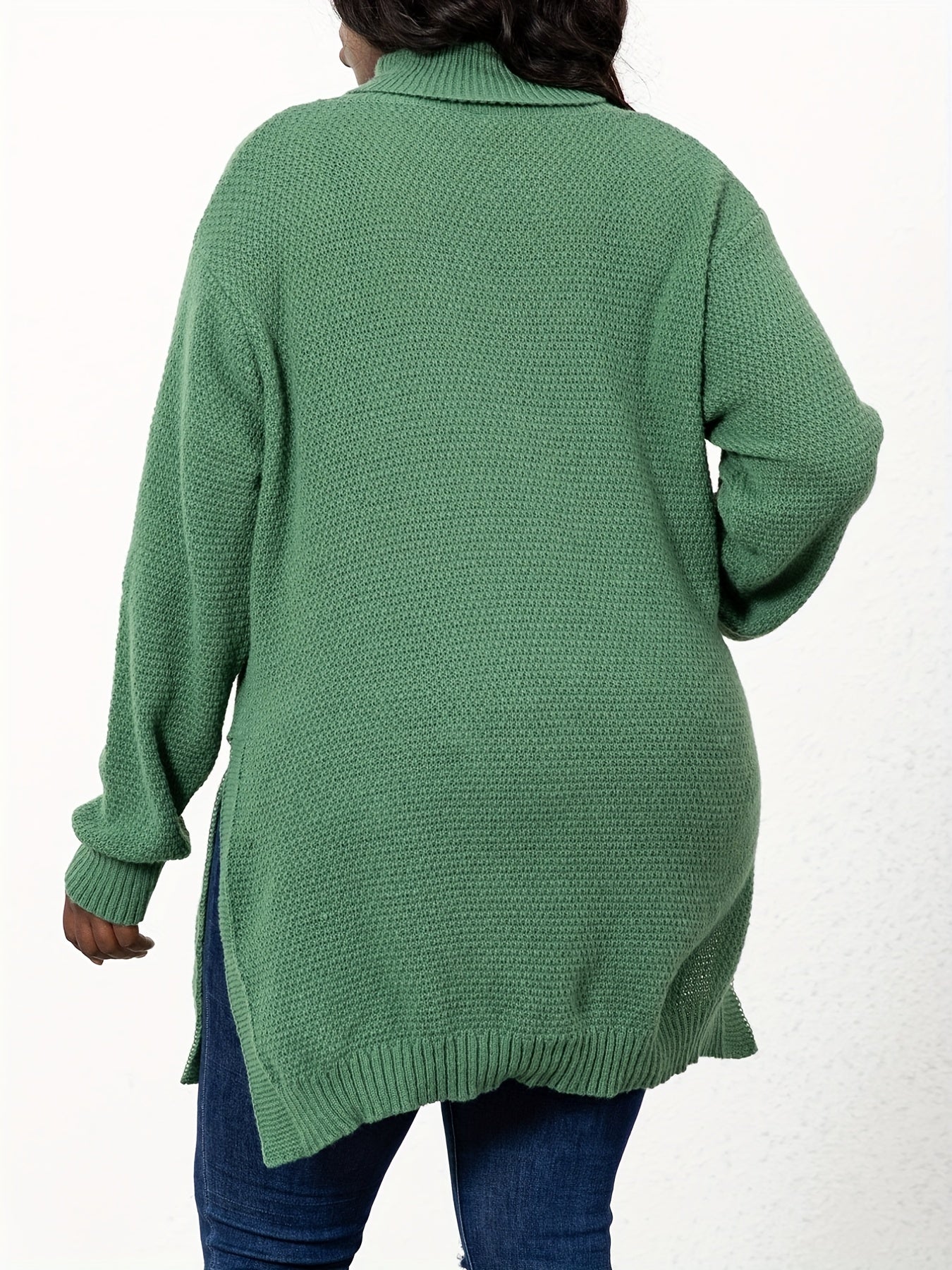 Sixsr Plus Size Turtle Neck Knit Side Slit Sweater, Women's Plus Solid High Stretch Elegant Sweater