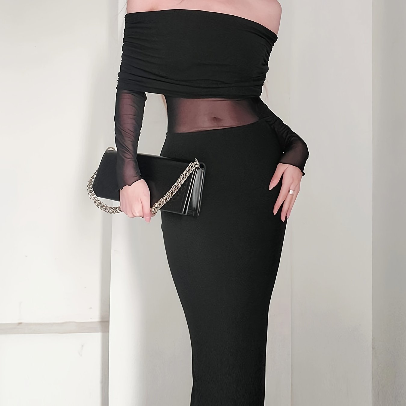 Sixsr Foldover Off-shoulder Mesh Dress, Stylish Long Sleeve Slim Dress, Women's Clothing