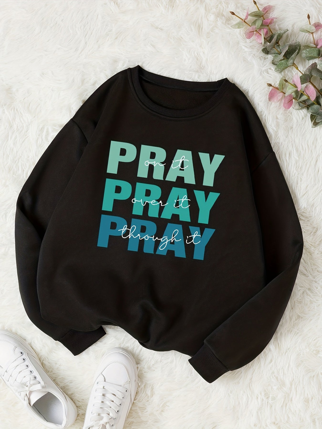 Sixsr Pray Letter Print Thermal Sweatshirt, Long Sleeve Crew Neck Casual Sweatshirt For Spring & Fall, Women's Clothing