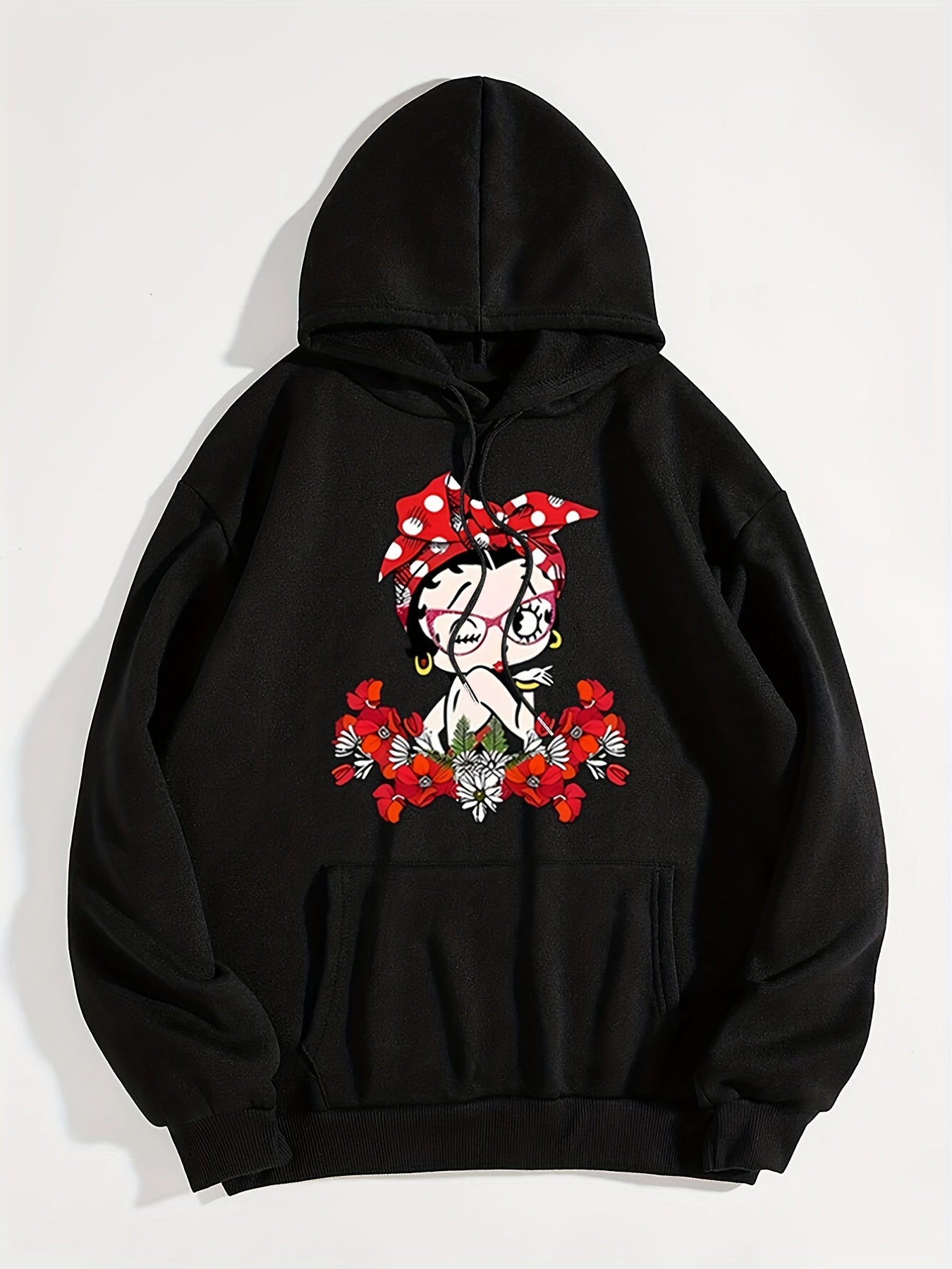 Sixsr Plus Size Casual Sweatshirt, Women's Plus Cute Lady & Floral Print Long Sleeve Drawstring Hooded Pullover Sweatshirt With Kangaroo Pockets, Casual Tops For Fall & Winter, Plus Size Women's Clothing