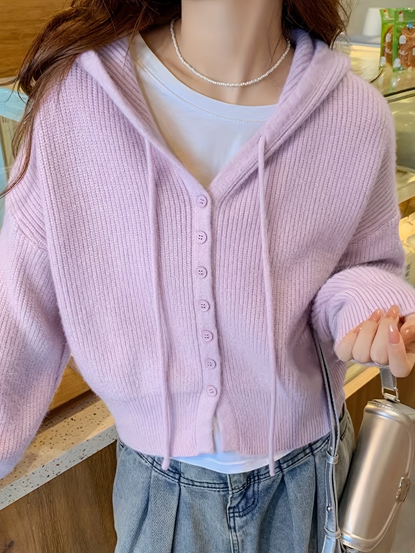 Sixsr Solid Button Down Drawstring Hooded Cardigan, Casual Long Sleeve Knit Sweater, Women's Clothing