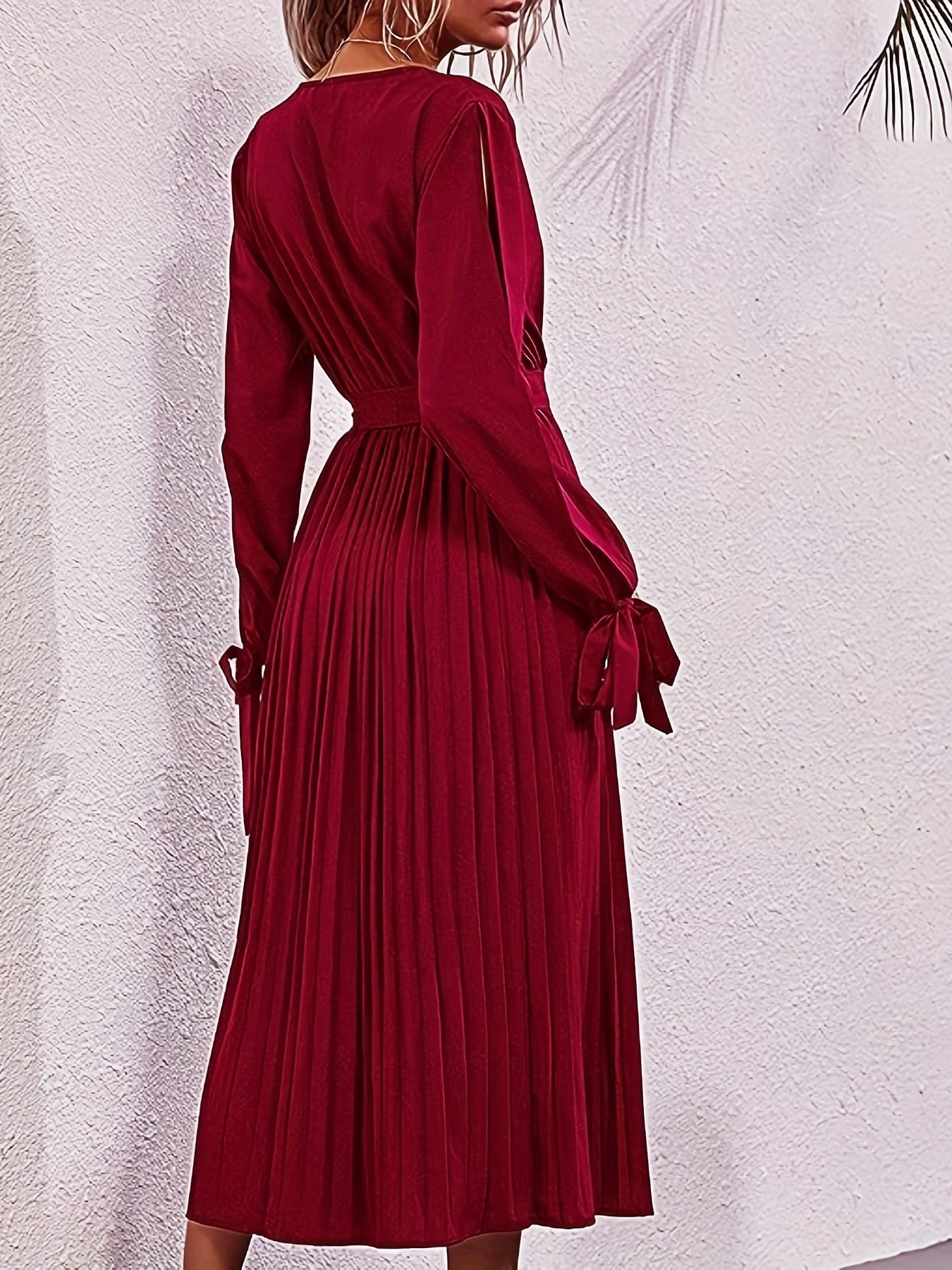 Sixsr Plus Size Elegant Dress, Women's Plus Solid Knot Cut Out Long Sleeve Surplice Neck Maxi Pleated Dress With Belt