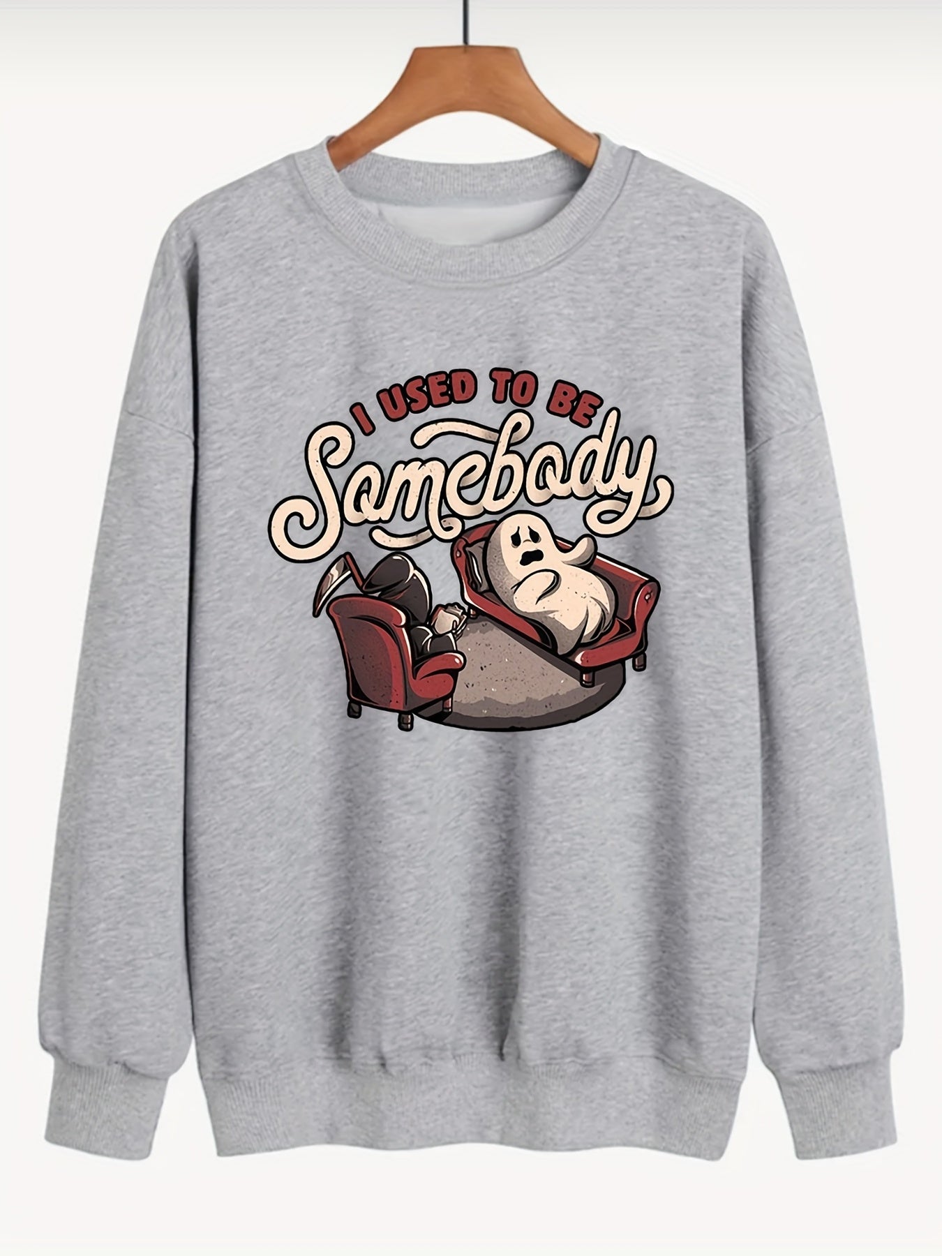 Sixsr Plus Size Halloween Sweatshirt, Women's Plus Funny Ghost & Slogan Print Long Sleeve Round Neck Slight Stretch Party Sweatshirt