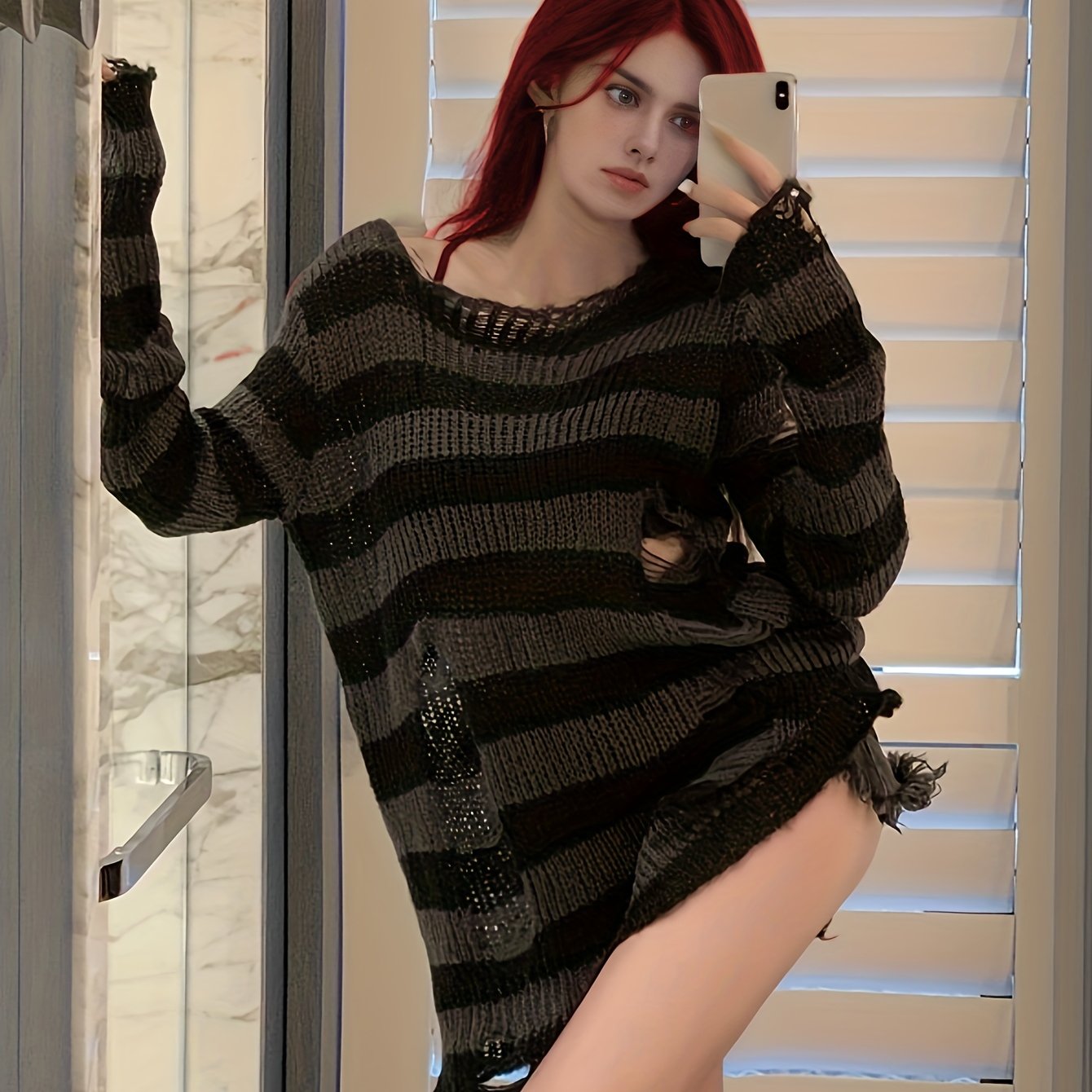 Sixsr Oversized Color Block Ripped Sweater, Casual Long Sleeve Sweater For Spring & Fall, Women's Clothing
