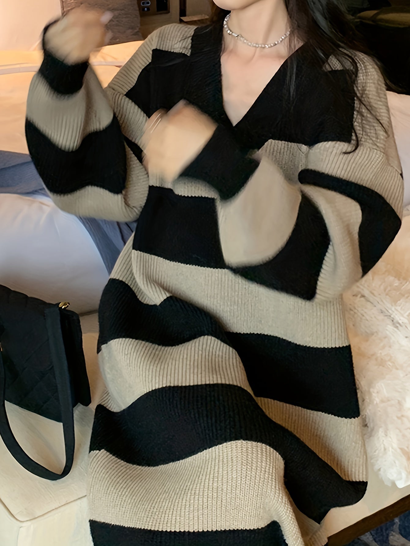 Sixsr Striped Drop Shoulder Sweater Dress, Casual V Neck Long Sleeve Maxi Dress, Women's Clothing