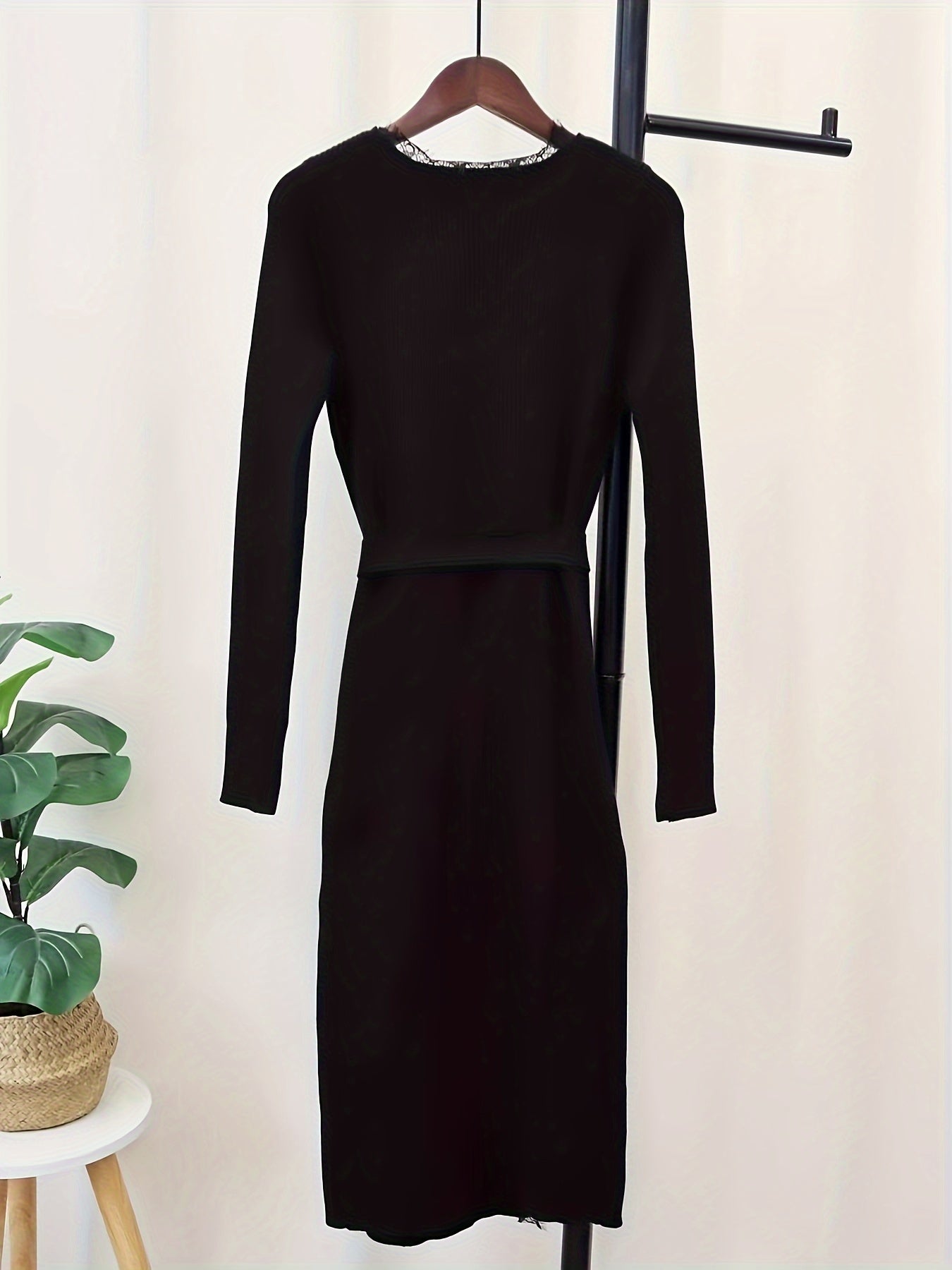 Sixsr Solid Contrast Lace Tie Waist Dress, Elegant V Neck Long Sleeve Dress, Women's Clothing