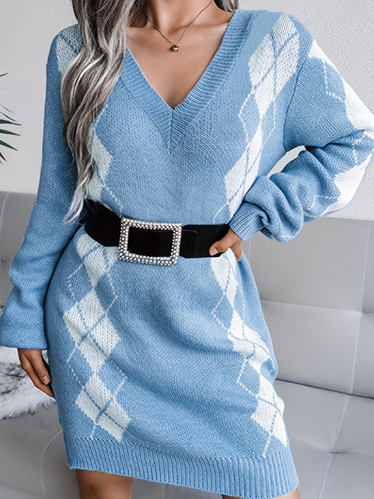 Sixsr Plus Size Casual Sweater Dress, Women's Plus Argyle Print Long Sleeve V Neck Sweater Dress