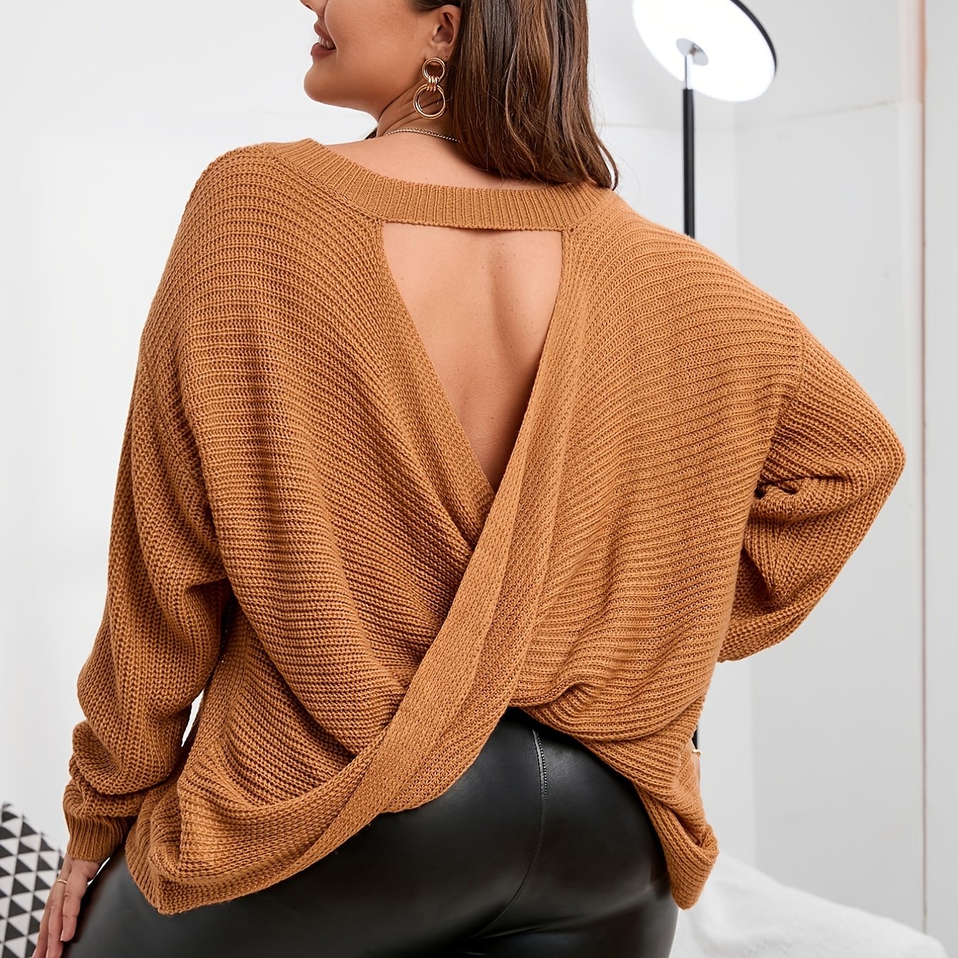 Sixsr Plus Size Criss Cross Cut Out Back Sweater, Women's Plus Slight Stretch Casual Sweater