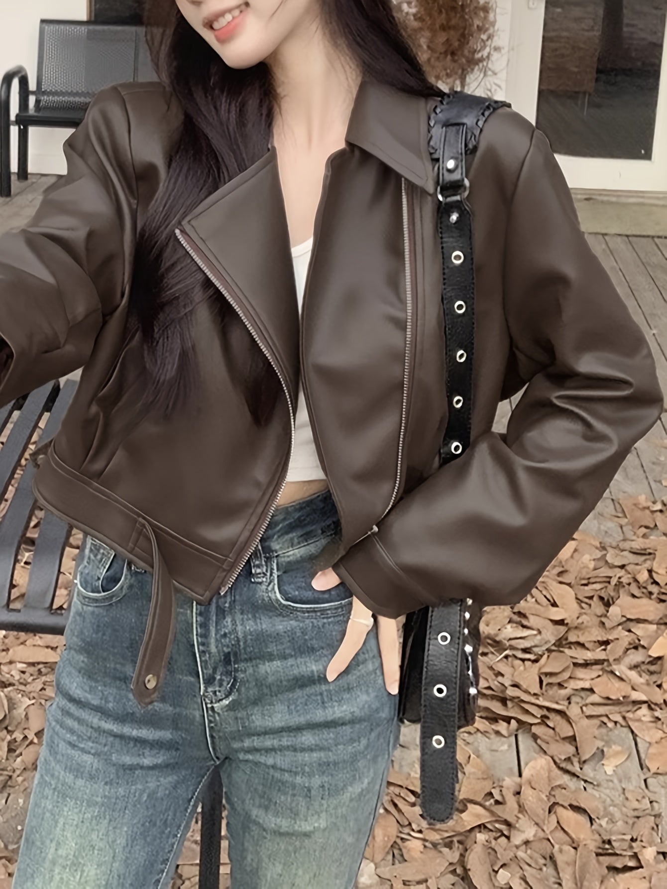 Sixsr Faux Leather Zip-up Jacket, Casual Long Sleeve Crop Biker Jacket For Fall & Winter, Women's Clothing