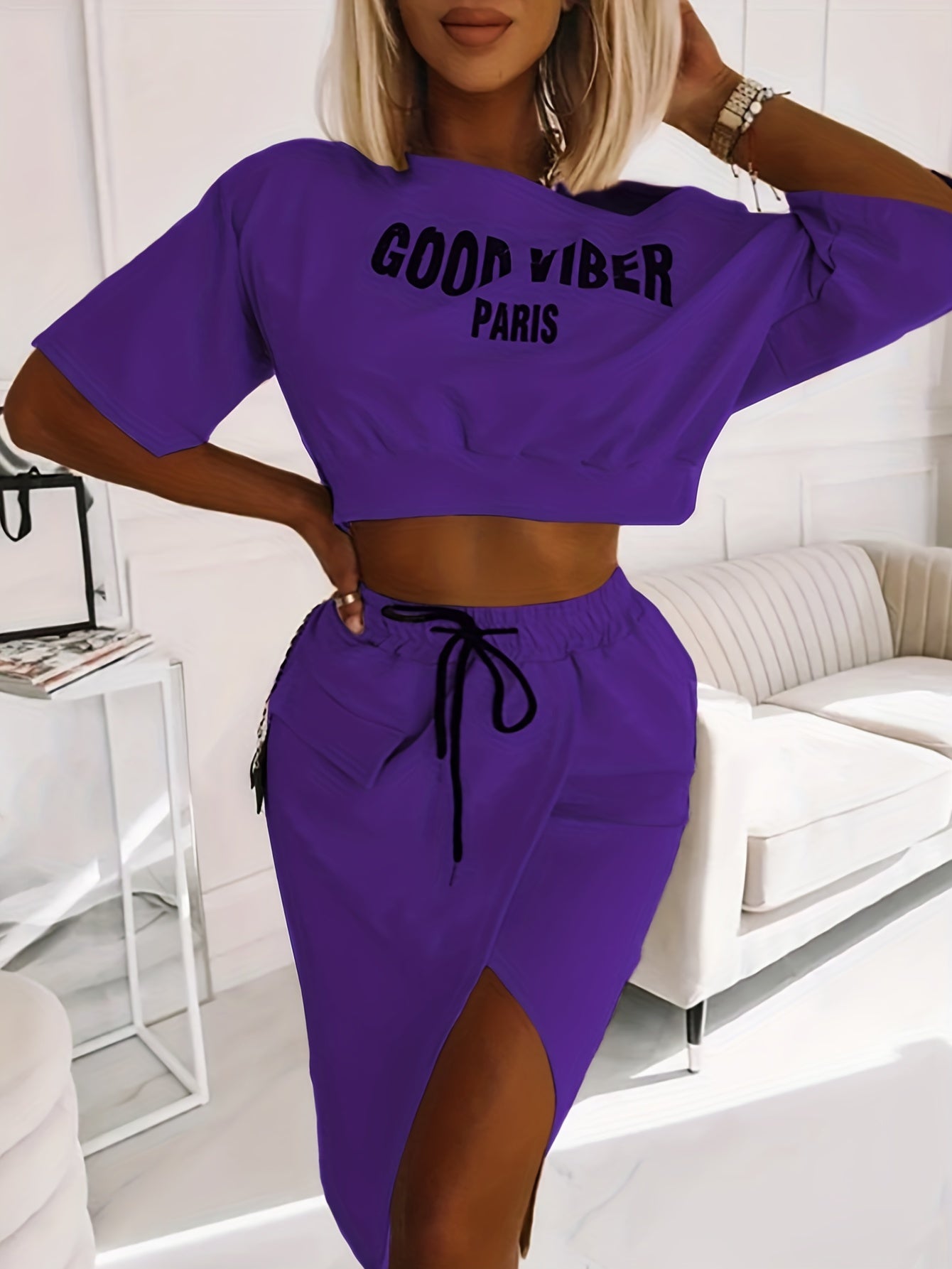 Plus Size Casual Outfits Two Piece Set, Women's Plus Letter Print One Shoulder Short Sleeve Top & Drawstring Split Hem Knee Length Skirt Outfits 2 Piece Set