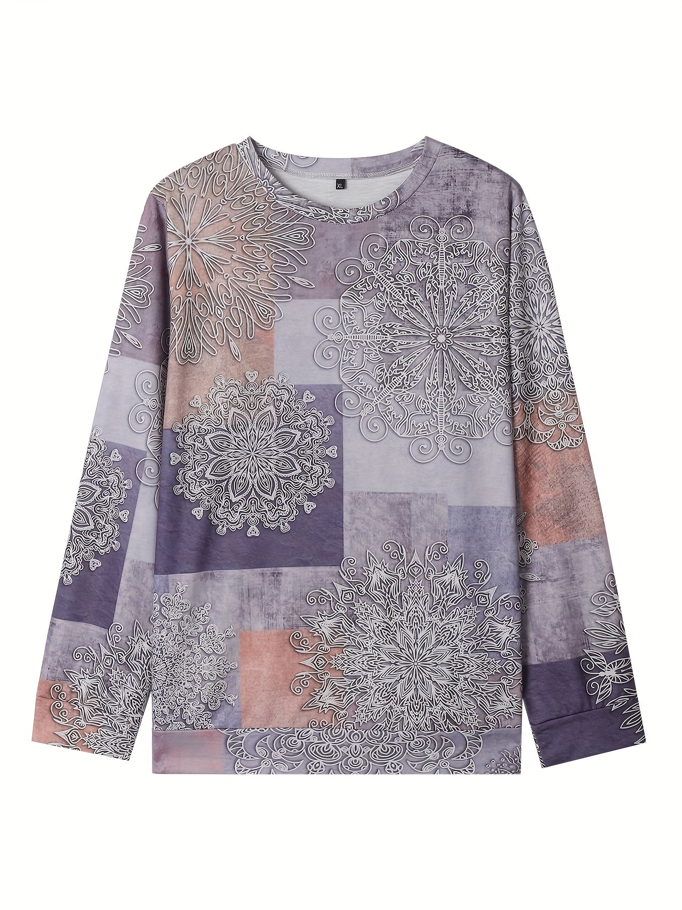 Sixsr Plus Size Casual Sweatshirt, Women's Plus Colorblock Mandala Print Long Sleeve Round Neck Sweatshirt