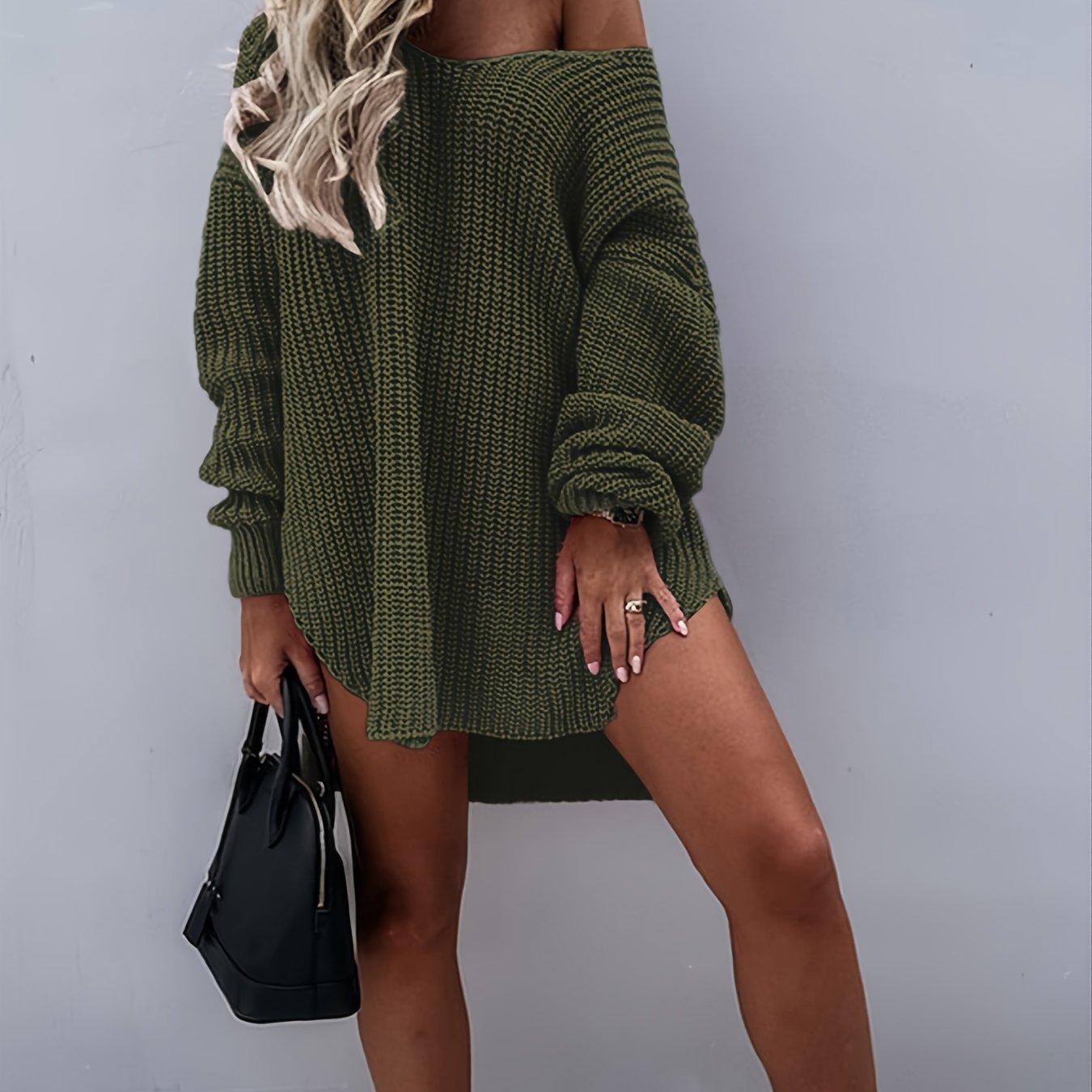 Sixsr Women's Sweater Solid V Neck Drop Shoulder Knitted Loose Sweater Dresses