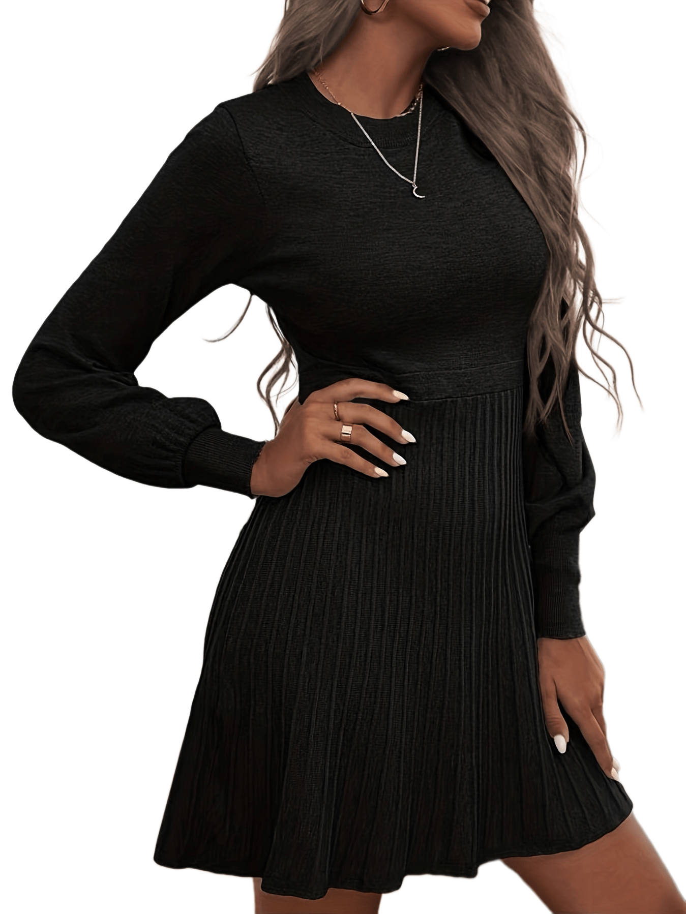 Sixsr Solid Pleated Dress, Elegant Crew Neck Long Sleeve Dress For Spring & Fall, Women's Clothing