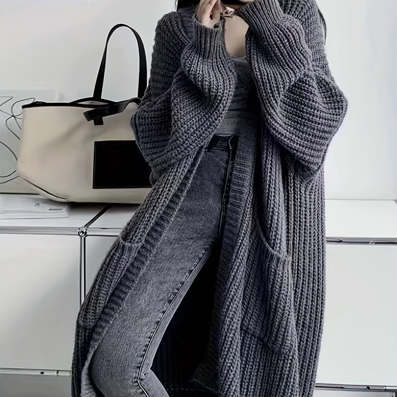 Sixsr Solid Open Front Loose Knit Cardigan, Casual Long Sleeve Long Length Sweater With Pocket, Women's Clothing