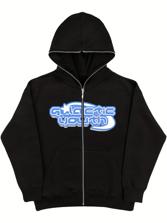 Sixsr Y2K Cartoon Figure & Letter Print Hoodie, Slant Pockets Long Sleeve Zipper Outwear, Women's Clothing