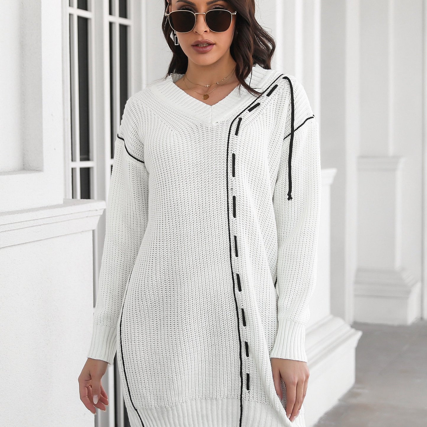 Sixsr Women's Sweater Drawstring Sweater Skirt V Neck Long Sleeve Knit Sweater Dress