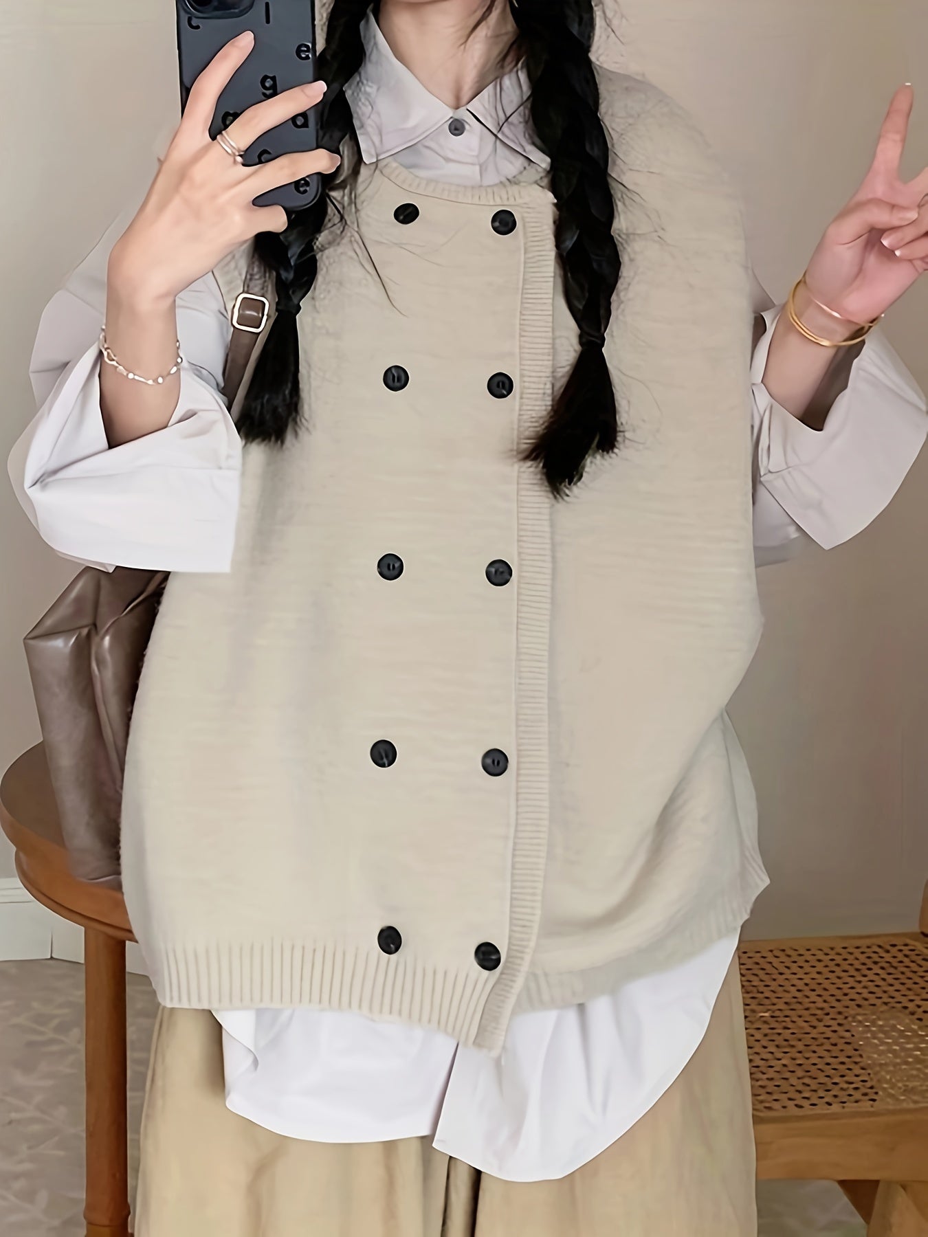 Sixsr Solid Double Breasted Knitted Vest, Casual Crew Neck Sleeveless Loose Sweater, Women's Clothing