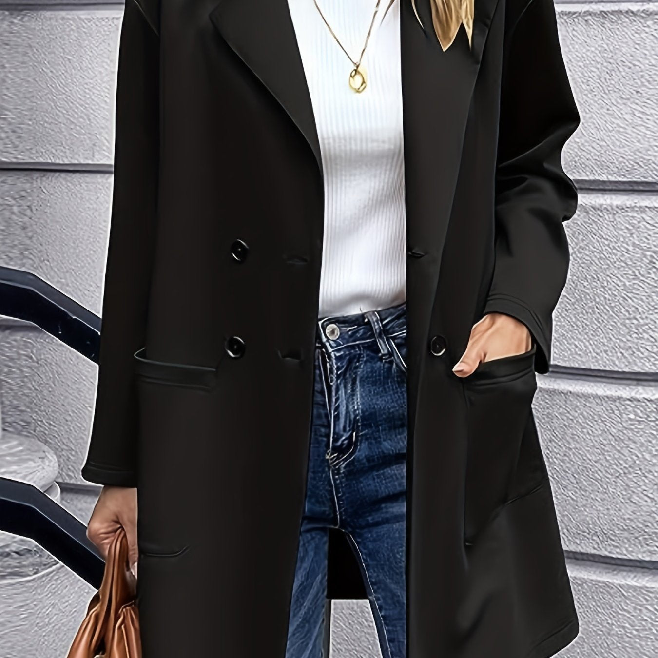Sixsr Plus Size Casual Coat, Women's Plus Solid Long Sleeve Double Breasted Lapel Collar Coat With Pockets