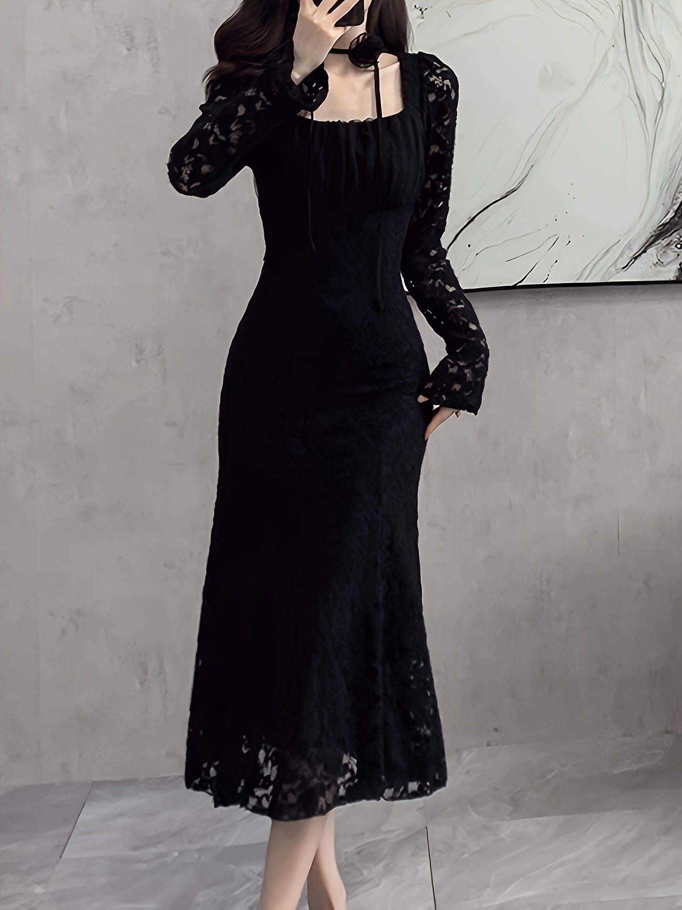 Sixsr Square Neck Lace Trumpet Dress, Chic Long Sleeve Ruched Mid Calf Dress, Women's Clothing