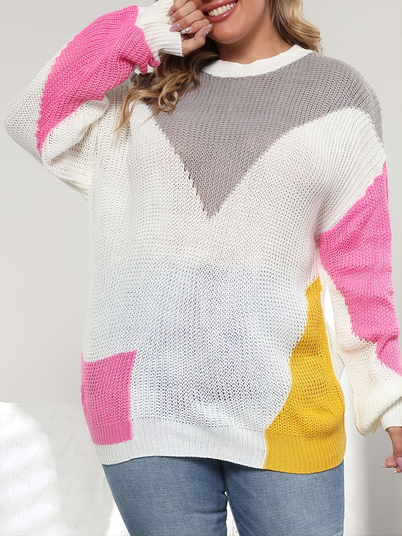 Sixsr Plus Size Colorblock Round Neck Sweaters, Women's Plus High Stretch Loose Fit Sweaters