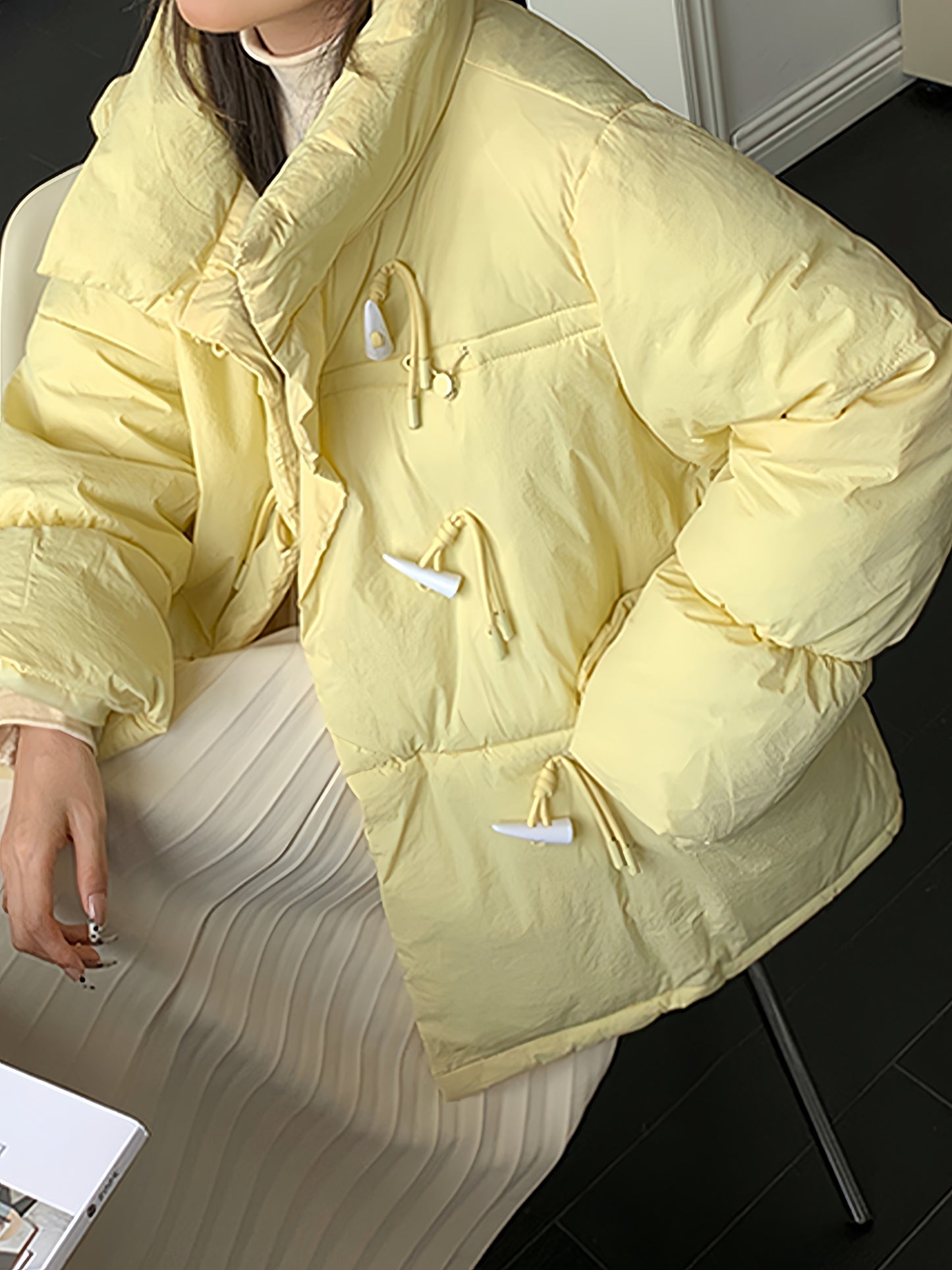 Sixsr Buckle Front Solid Warm Coat, Casual Long Sleeve Puffy Outerwear, Women's Clothing