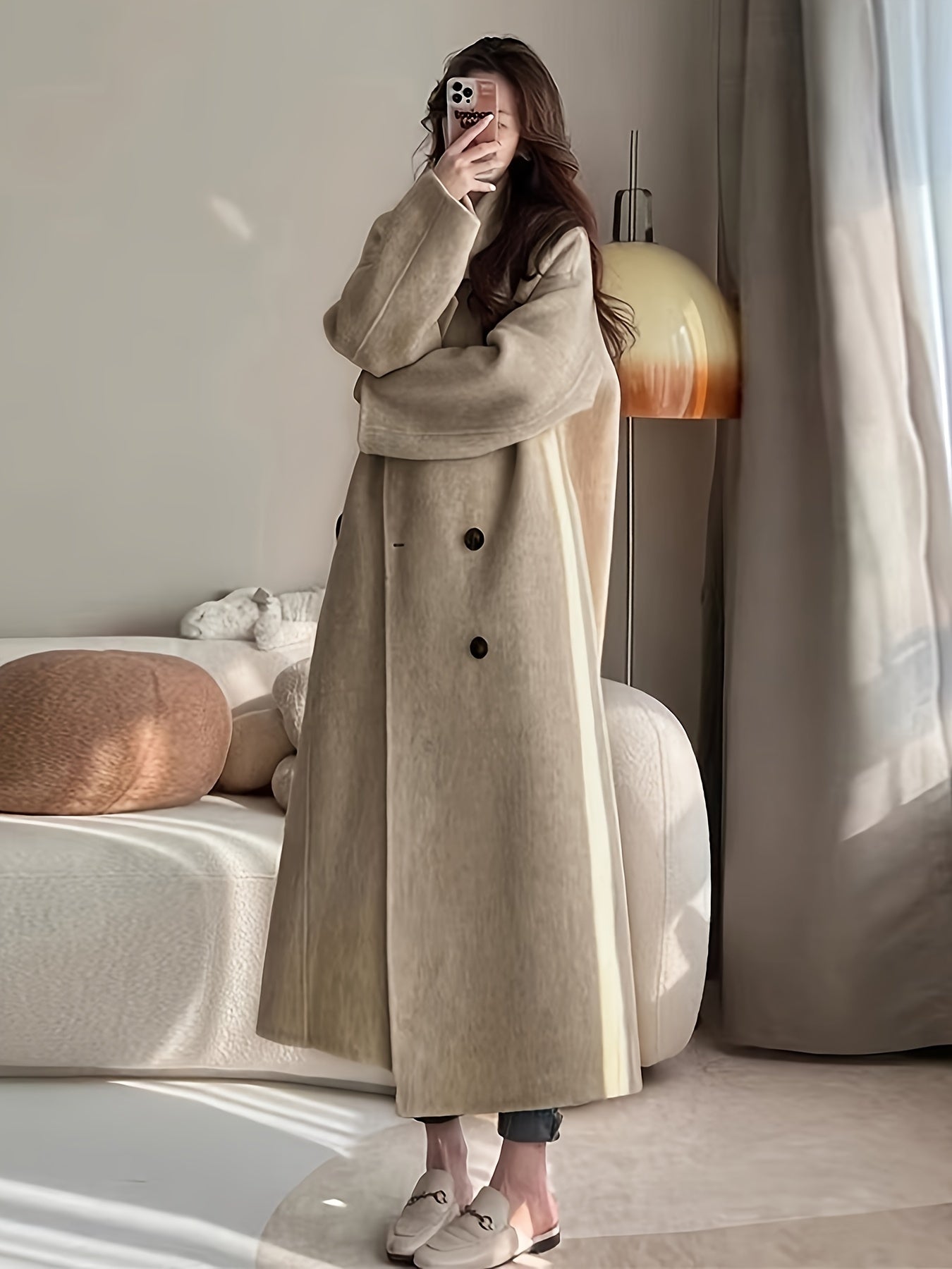 Sixsr Solid Double Breasted Belted Overcoat, Elegant Lapel Long Sleeve Pockets Outwear For Fall & Winter, Women's Clothing