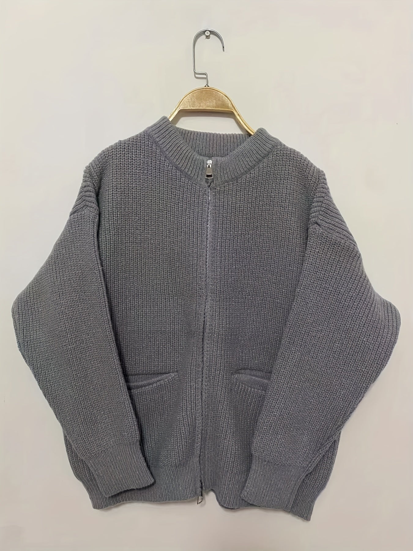 Sixsr Solid Zip Up Knit Cardigan, Casual Long Sleeve Pocket Sweater For Fall & Winter, Women's Clothing