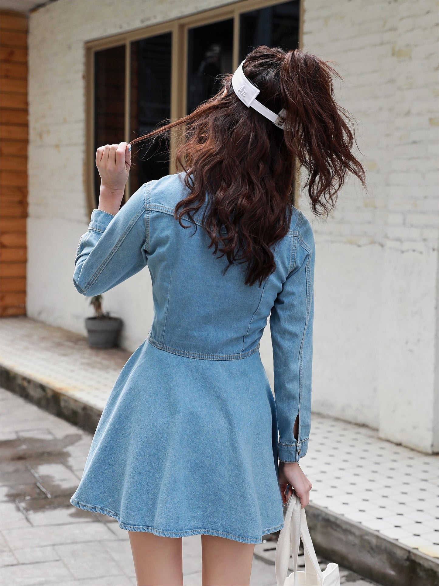 Sixsr Blue Flap Pockets Denim Dress, Long Sleeves Single Breasted Button Lapel Denim Dress, Women's Denim Clothing