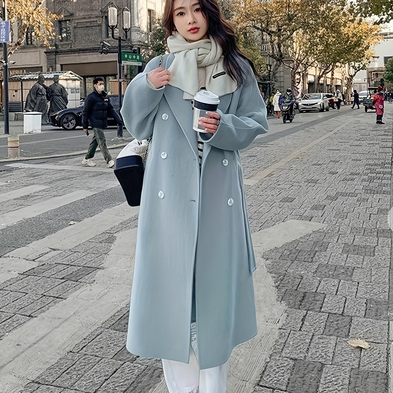 Sixsr Solid Double Breasted Lapel Overcoat, Elegant Long Sleeve Belted Winter Outwear, Women's Clothing