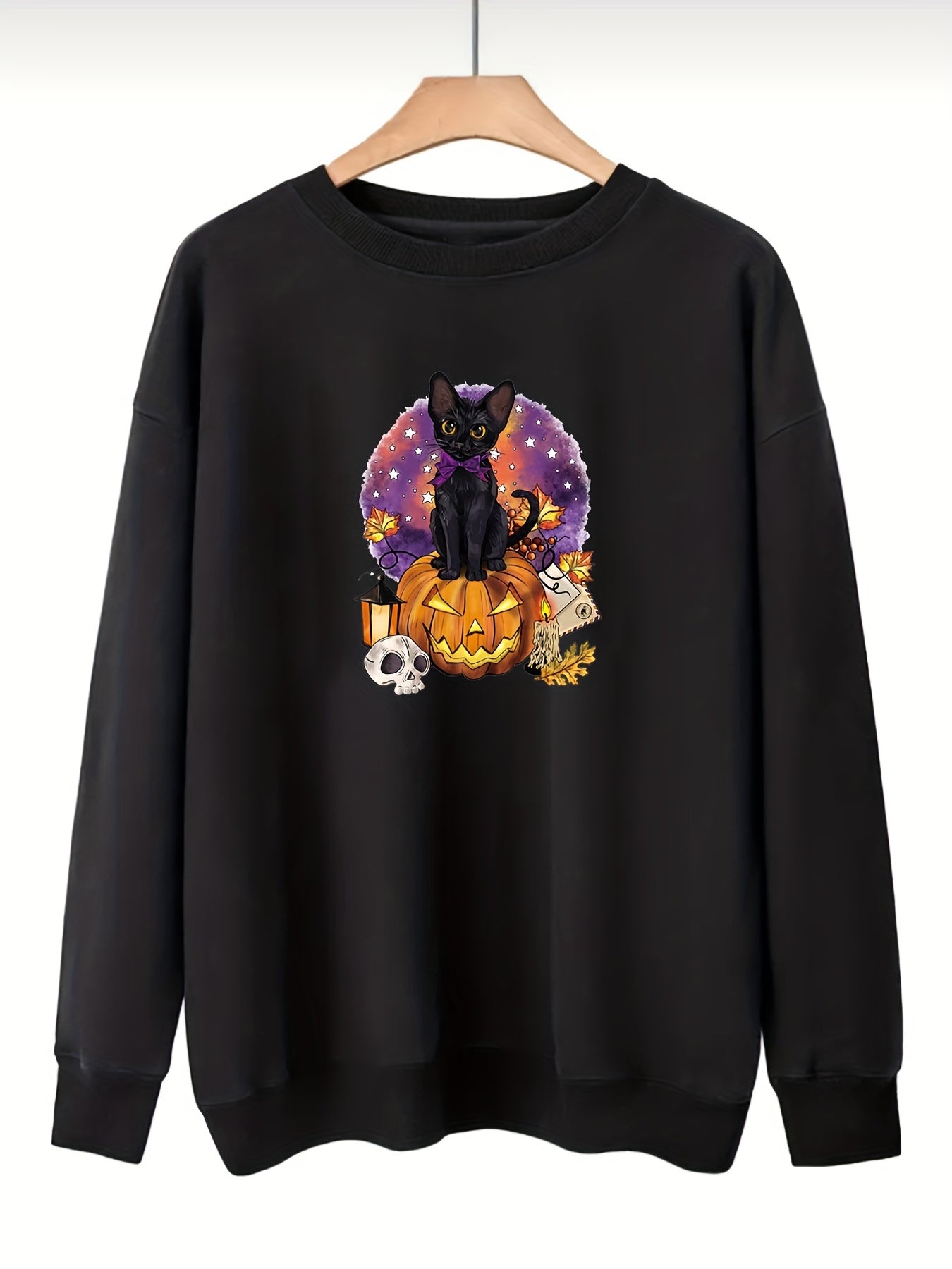 Sixsr Plus Size Halloween Casual Sweatshirt, Women's Plus Cat & Skull & Pumpkin Print Round Neck Long Sleeve Sweatshirt