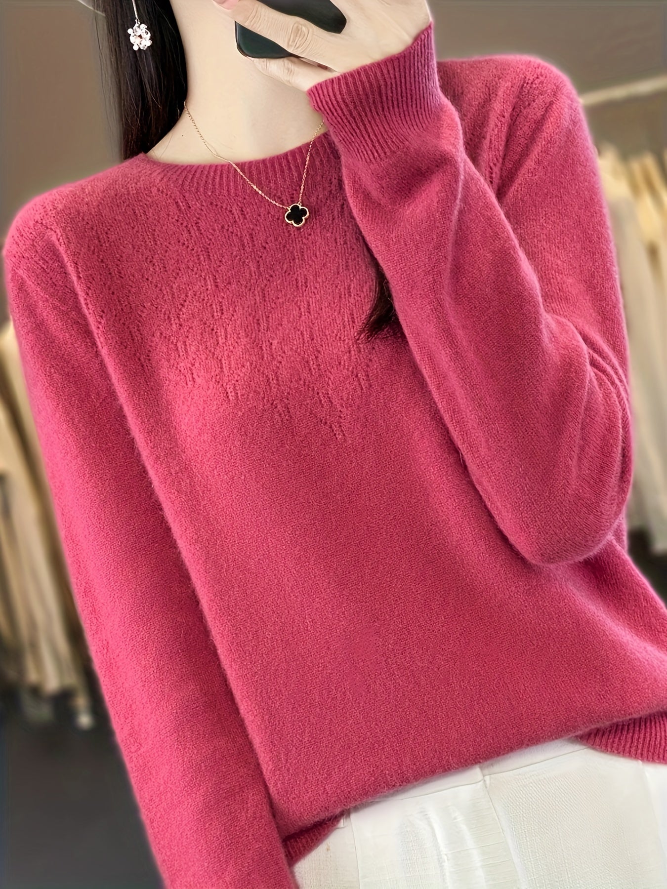 Sixsr Solid Crew Neck Wool Sweater, Casual Long Sleeve Cozy Basic Sweater, Women's Clothing