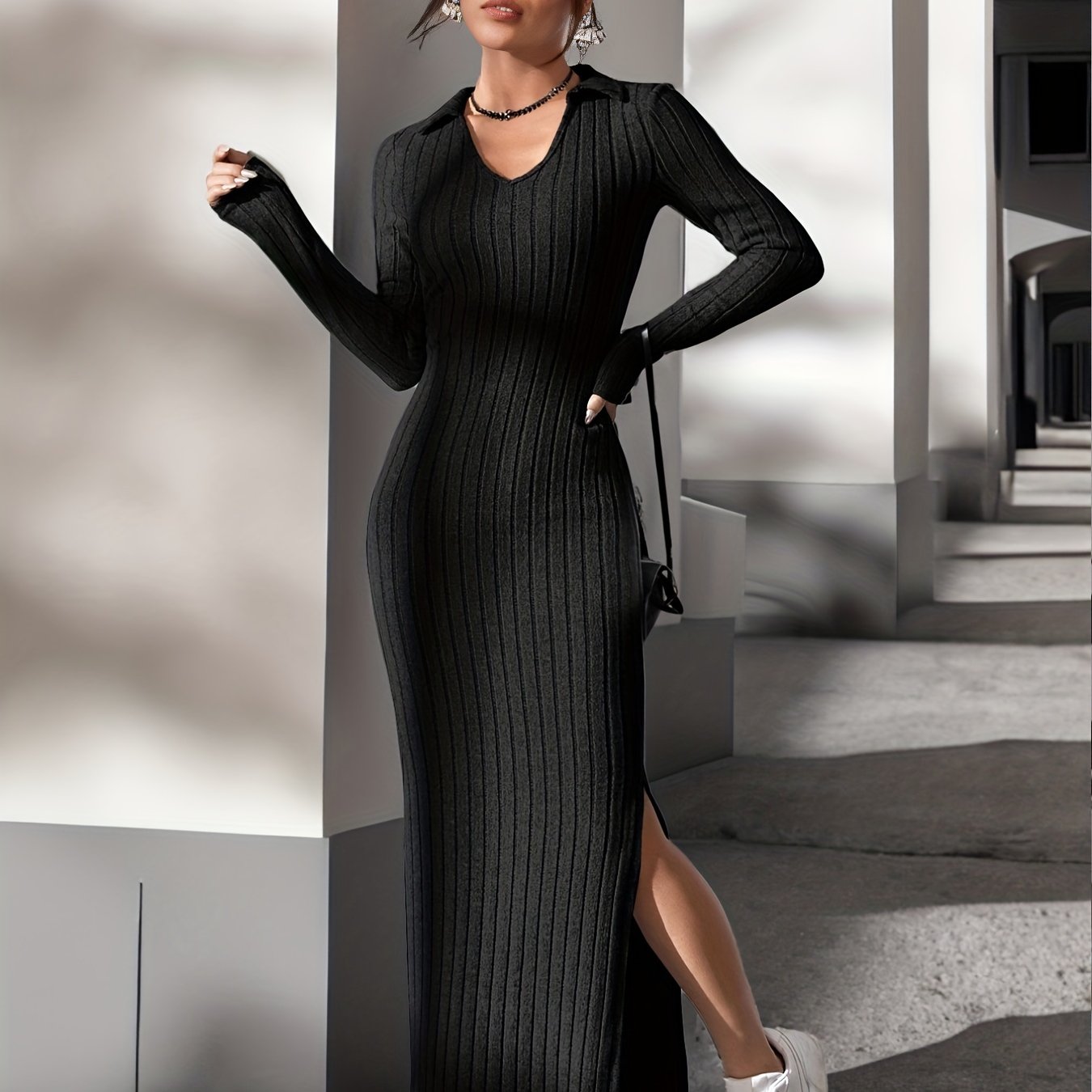 Sixsr Ribbed Split Dress, Casual V Neck Long Sleeve Maxi Dress, Women's Clothing