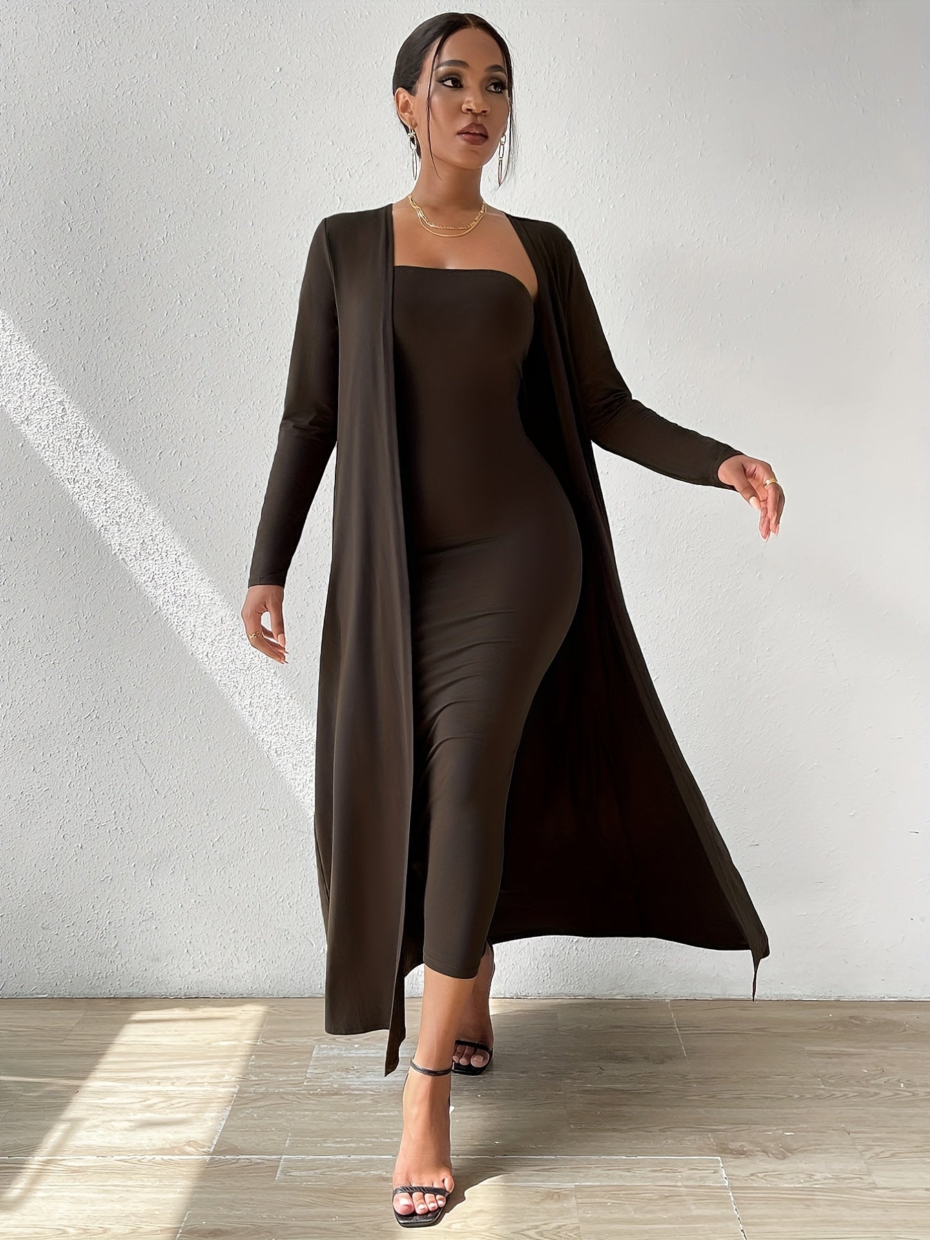 Sixsr Solid Sexy Two-piece Set, Long Sleeve Open Front Cardigan & Off Shoulder Bodycon Dress Outfits, Women's Clothing