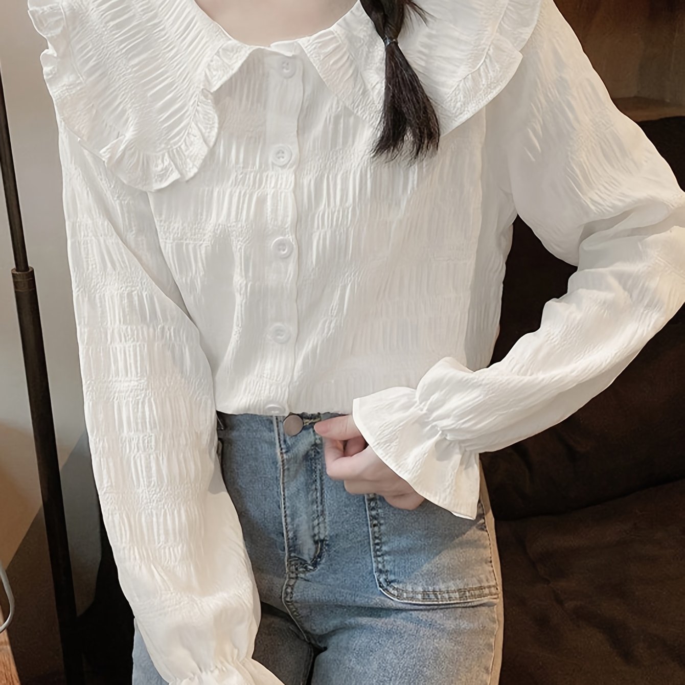 Sixsr Solid Textured Peter Pan Collar Blouse, Sweet Long Sleeve Button Front Blouse For Spring & Fall, Women's Clothing
