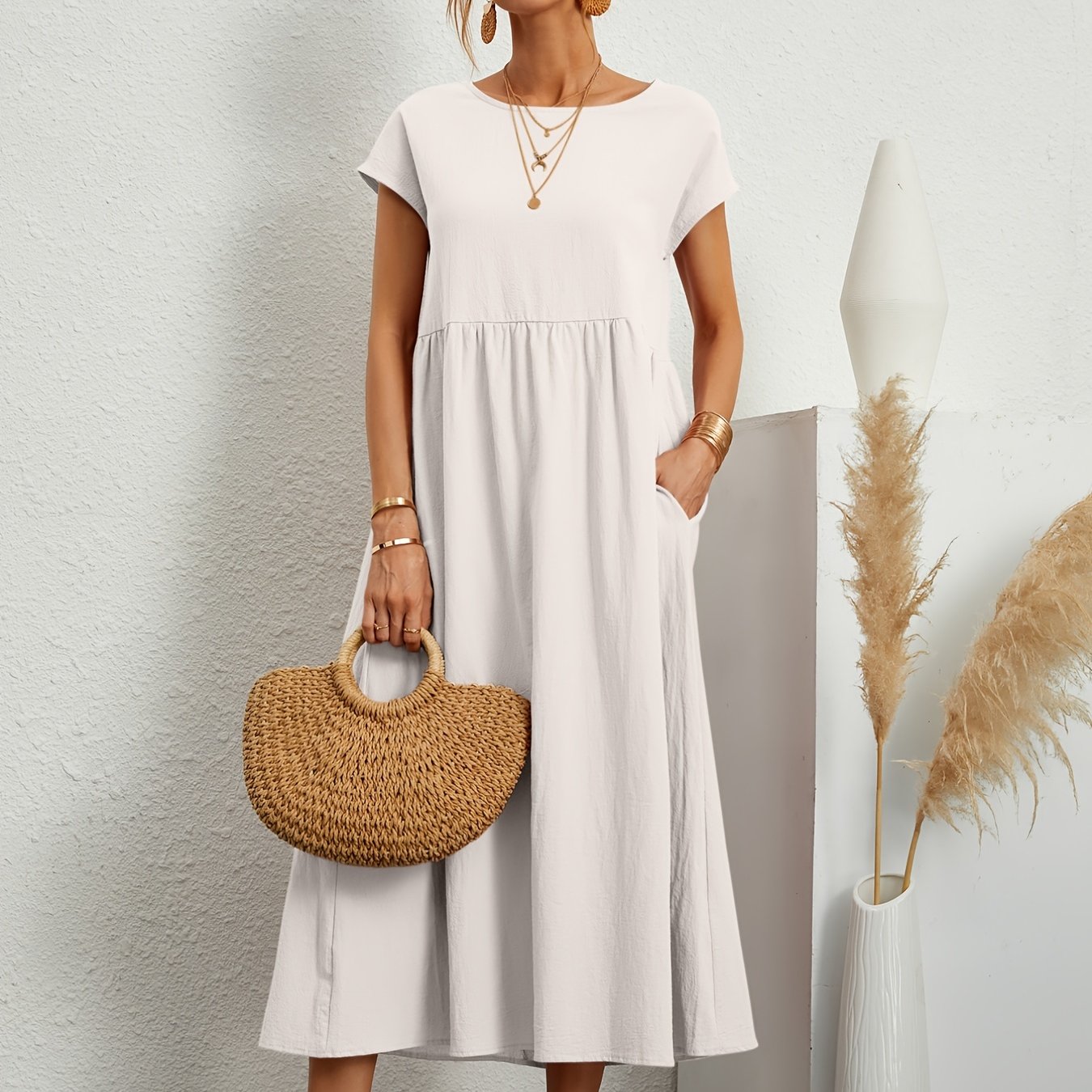 Sixsr Loose Pocket Solid Dress, Casual Short Sleeve Crew Neck Waist Summer Dress, Women's Clothing