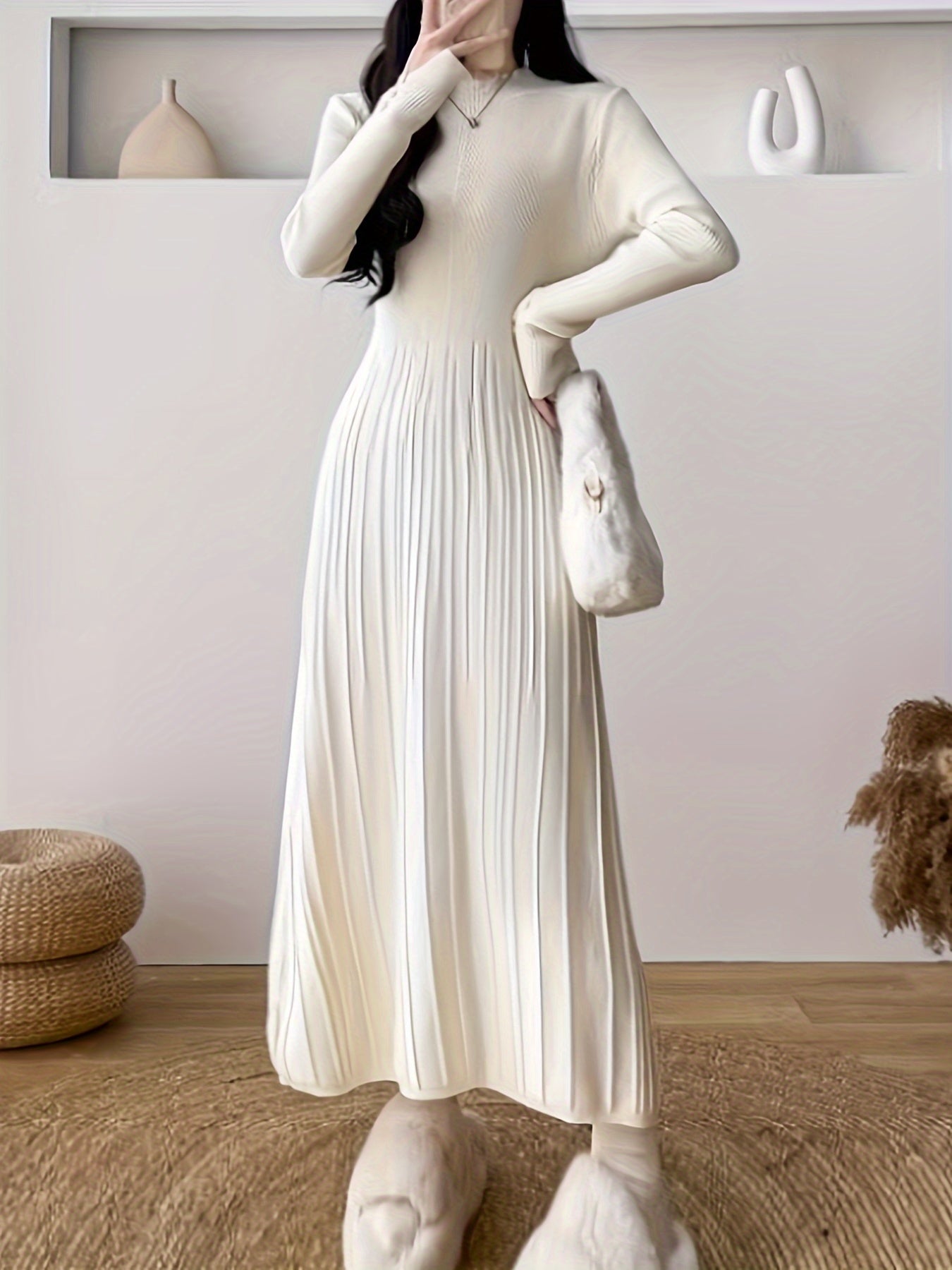 Sixsr Solid Sweater Maxi Dress, Elegant Mock Neck Long Sleeve Dress, Women's Clothing