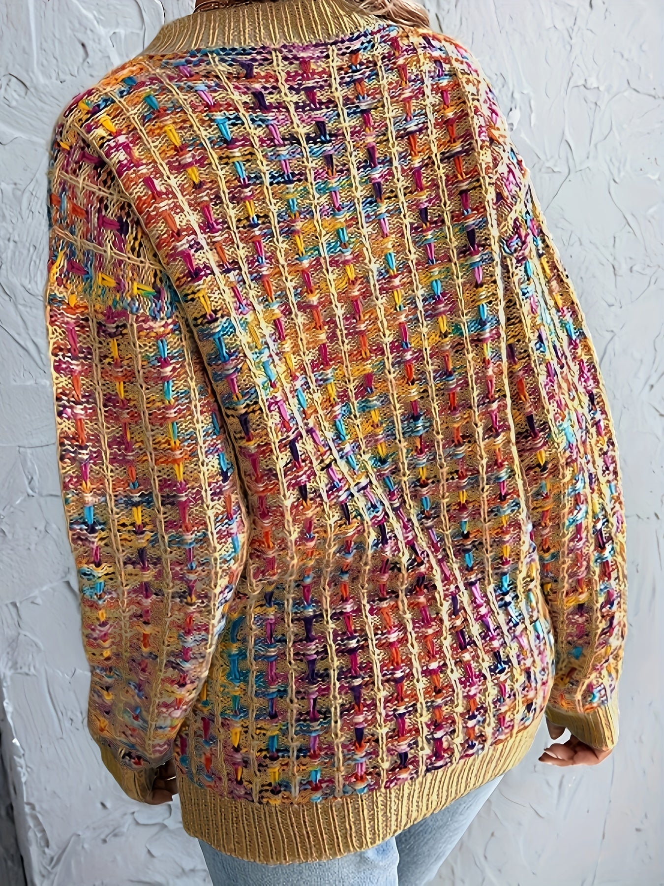 Sixsr Colorful Knit Sweater, Casual Crew Neck Long Sleeve Sweater, Women's Clothing