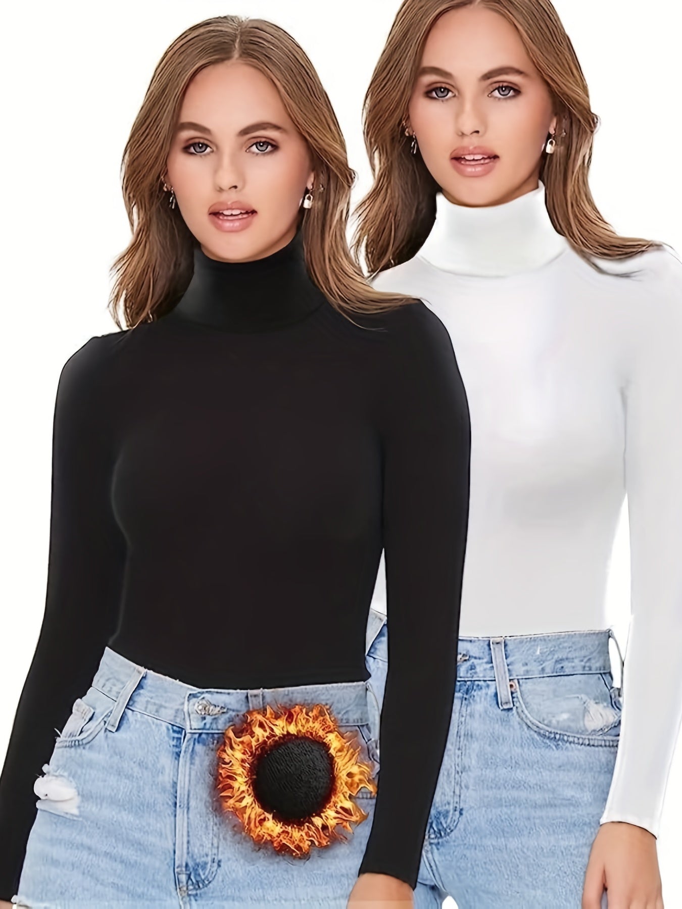 Sixsr 2 Packs Warm Turtleneck T-Shirts, Casual Long Sleeve Top For Spring & Fall, Women's Clothing