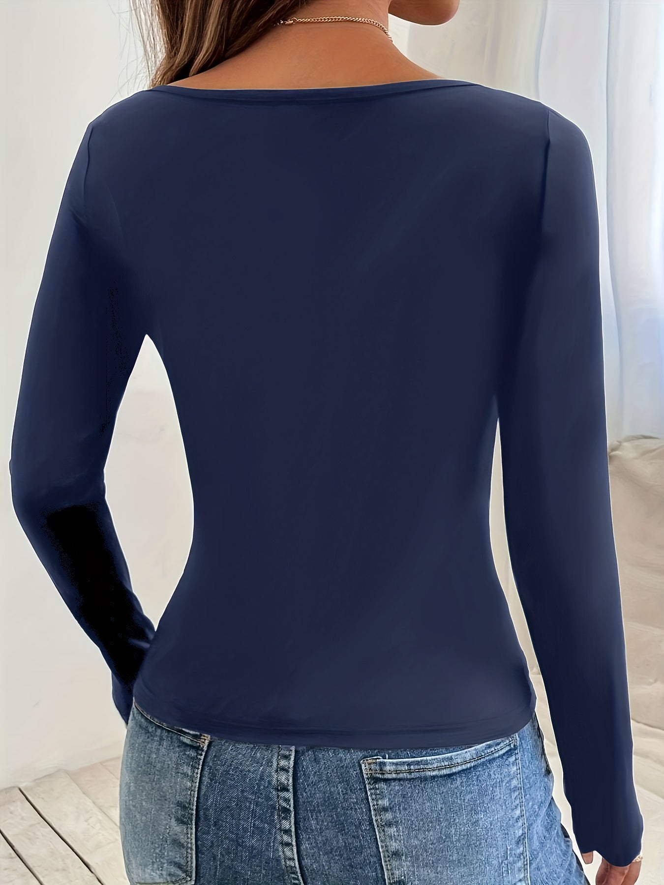 Sixsr Solid Crew Neck T-Shirt, Casual Long Sleeve Top For Spring & Fall, Women's Clothing